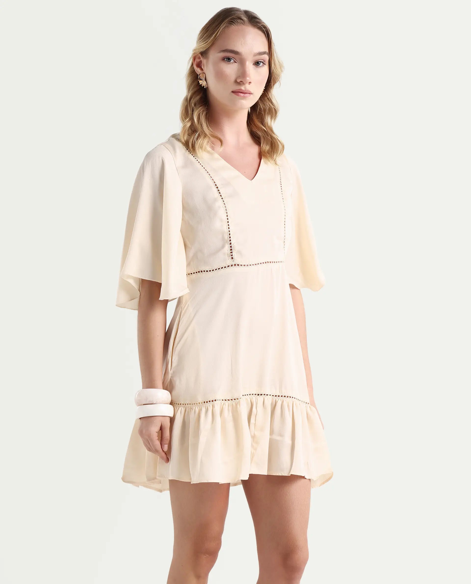 Rareism Women's Zyrus Off White Polyester V-Neck Plain Flared Sleeve Mini Regular Fit Dress