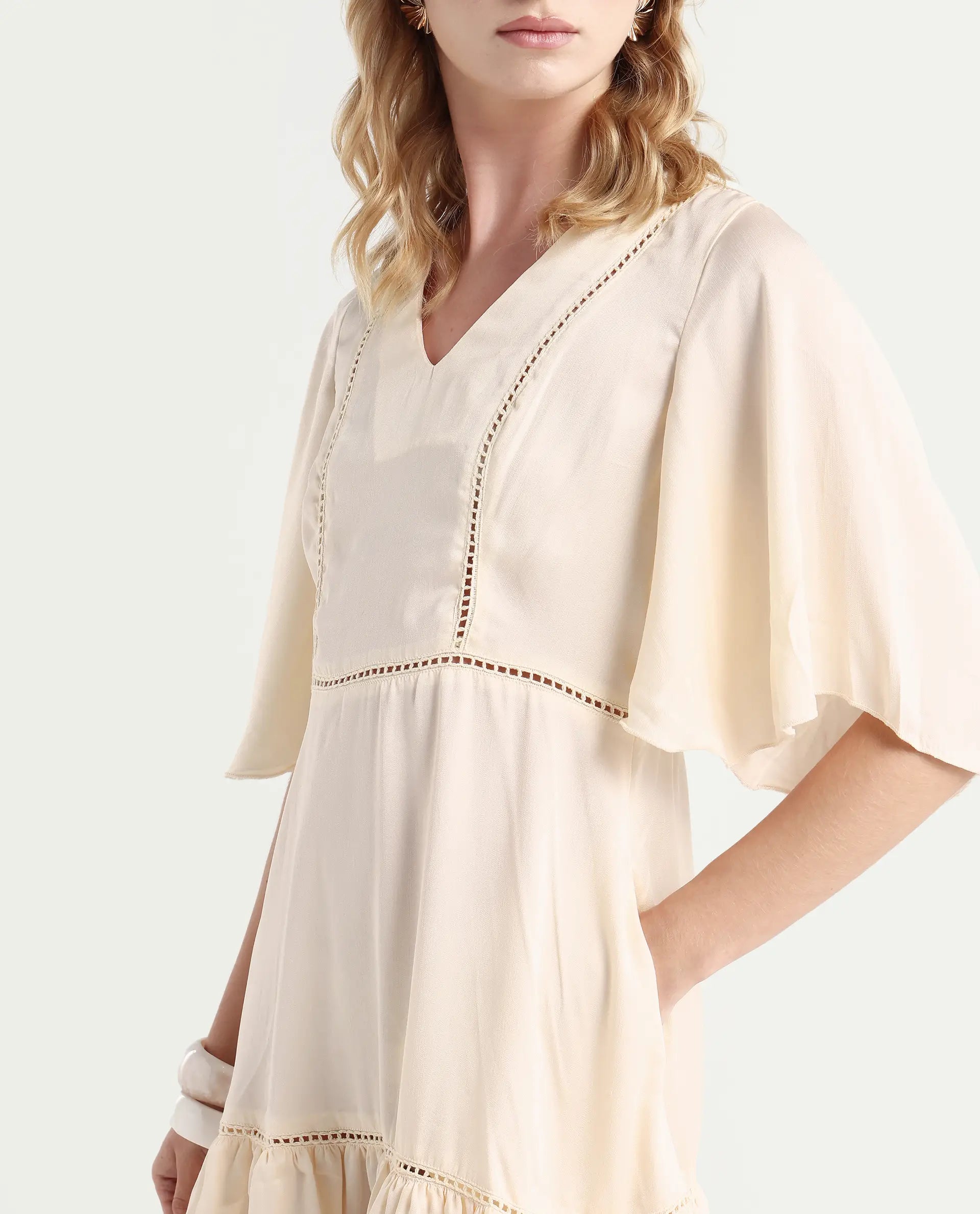 Rareism Women's Zyrus Off White Polyester V-Neck Plain Flared Sleeve Mini Regular Fit Dress