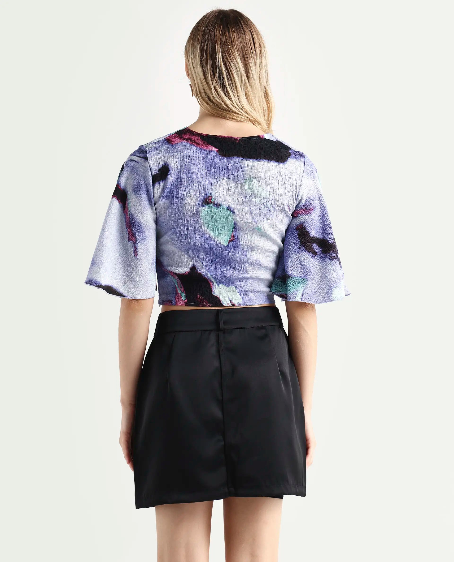 Rareism Women's Declan Purple Polyester Blend V-Neck Abstract Print Flared Sleeve Crop Regular Fit Top