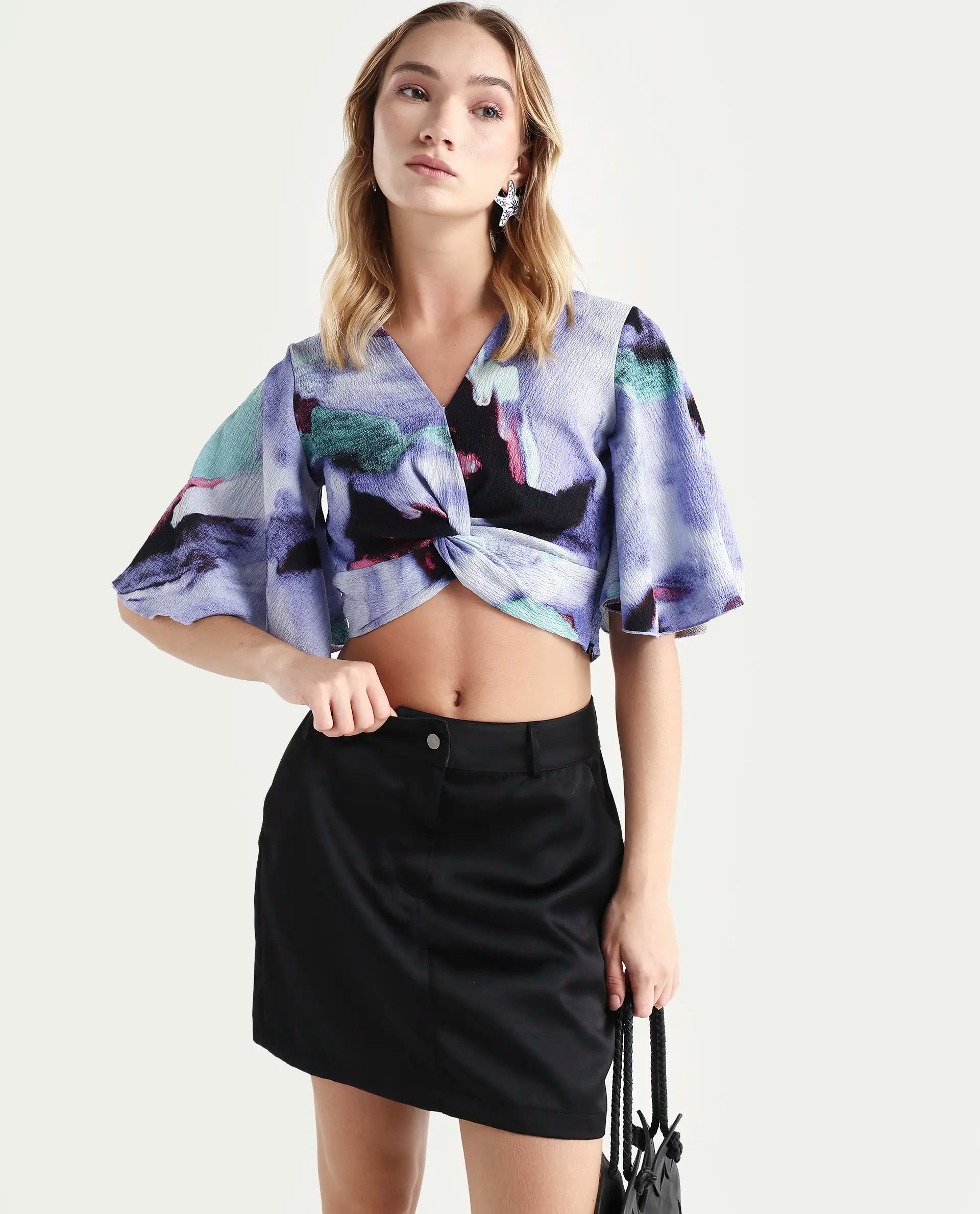 Rareism Women's Declan Purple Polyester Blend V-Neck Abstract Print Flared Sleeve Crop Regular Fit Top