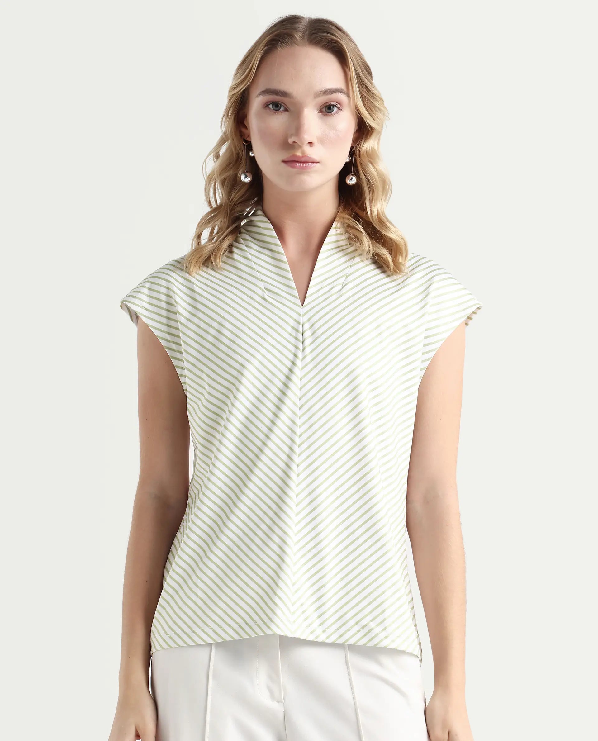 Rareism Women's Deon Green Polyester V-Neck Striped Sleeveless Regular Fit Top