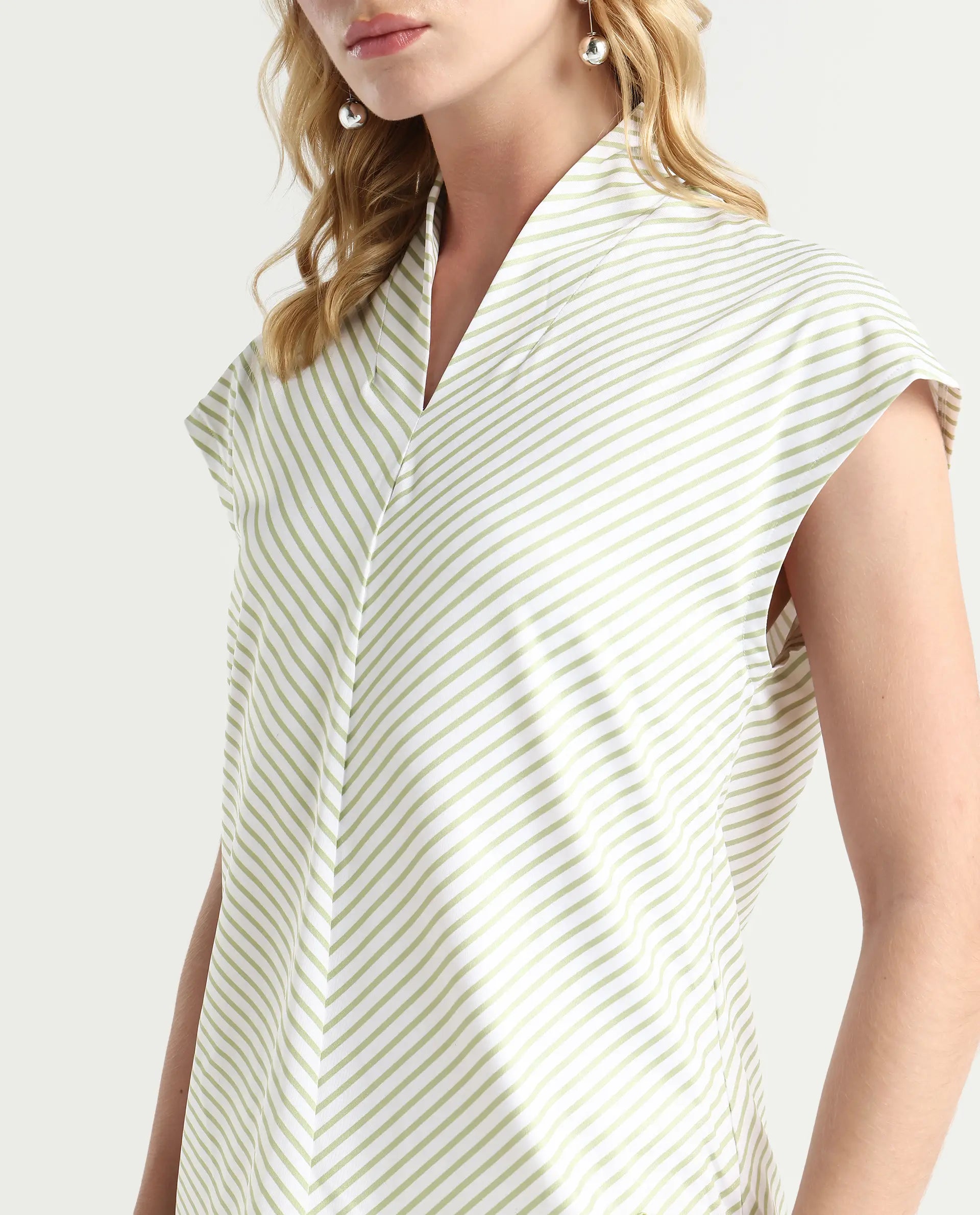 Rareism Women's Deon Green Polyester V-Neck Striped Sleeveless Regular Fit Top