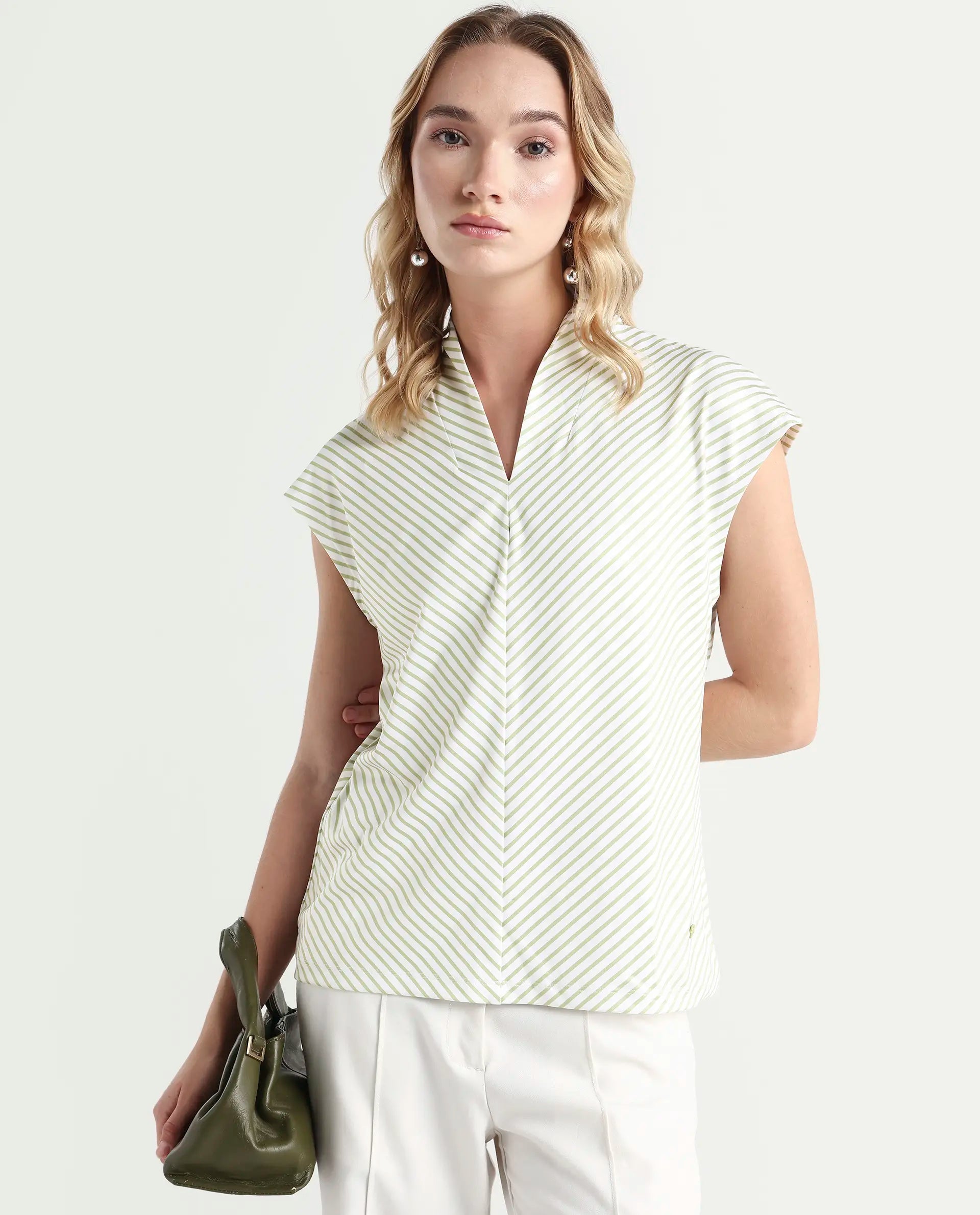 Rareism Women's Deon Green Polyester V-Neck Striped Sleeveless Regular Fit Top