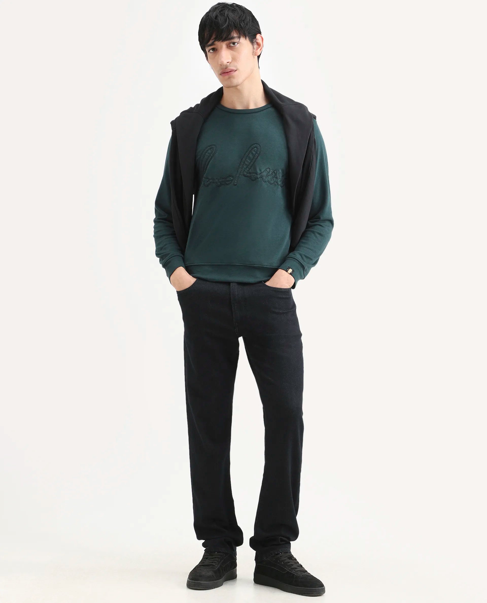 Rare Rabbit Men's Cerdo Dark Green Cotton Embroidered Regular Fit Full Sleeve Crew Neck Sweatshirt