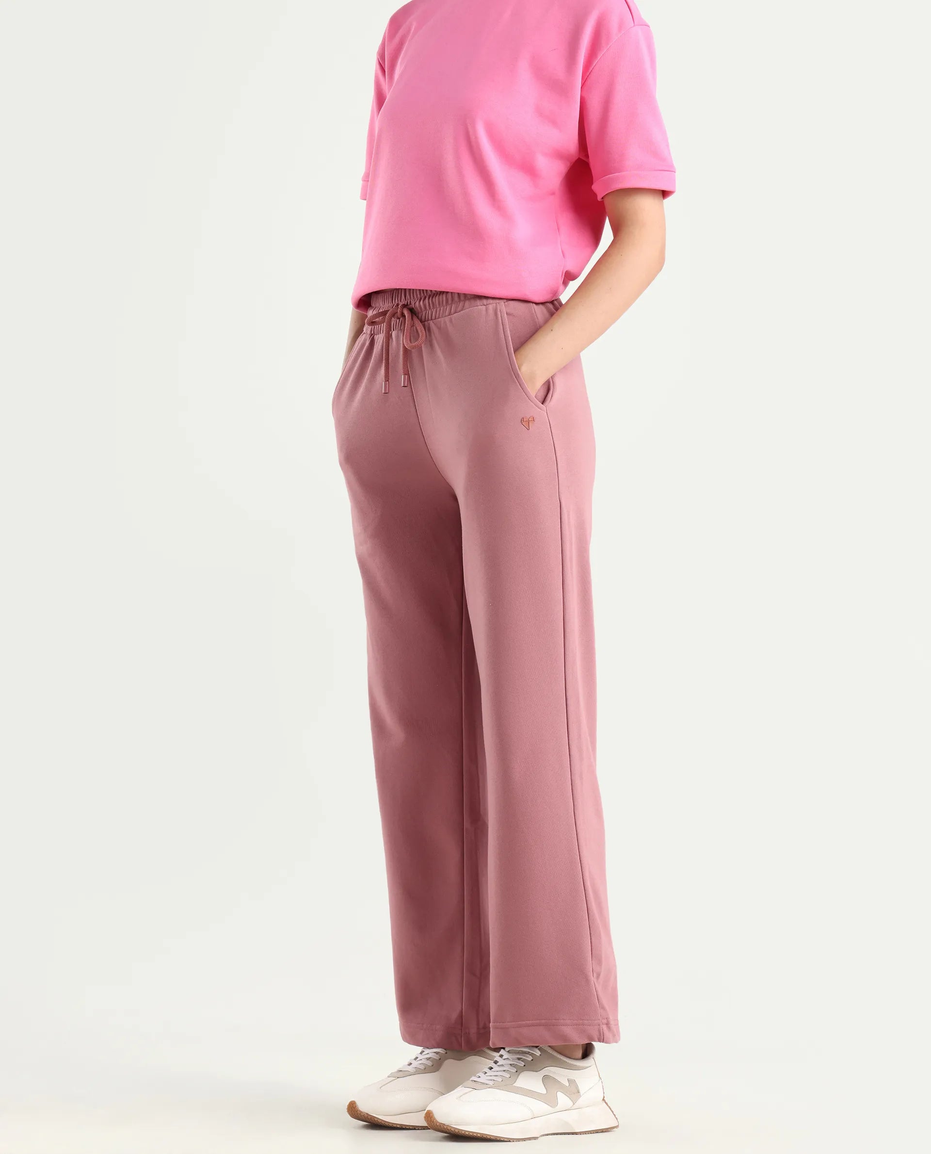 Rareism Women's Pazoo T Dusky Pink Cotton Blend Plain Ankle Length Flared Track Pant