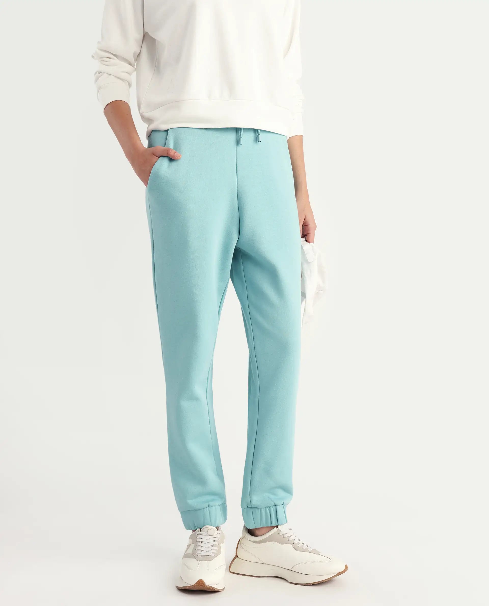 Rareism Women's Terac F Light Turq Polyester Blend Plain Ankle Length Regular Fit Track Pant