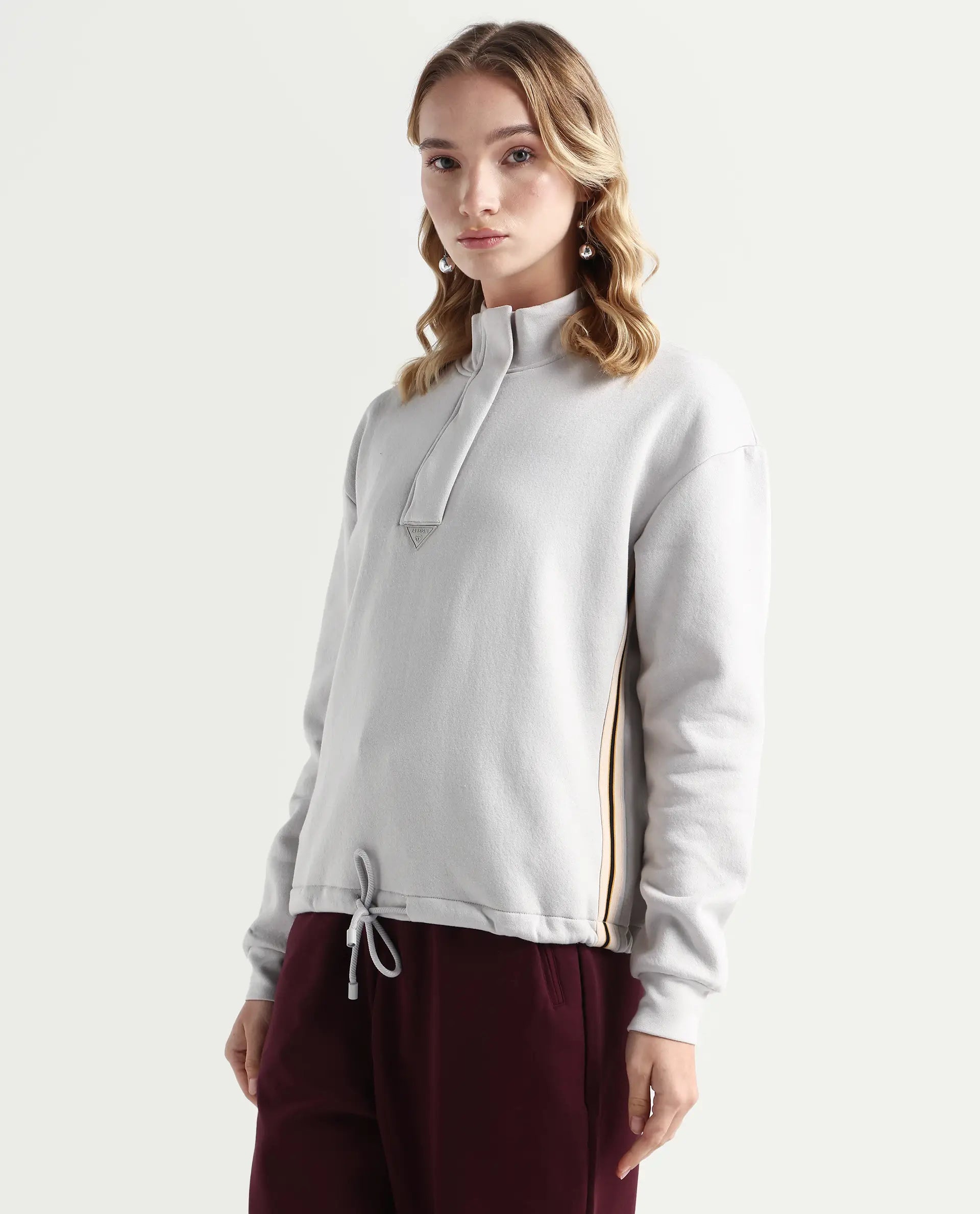 Rareism Women's Aldrichh Light Grey Polyester Blend High Neck Plain Regular Fit Sweatshirt