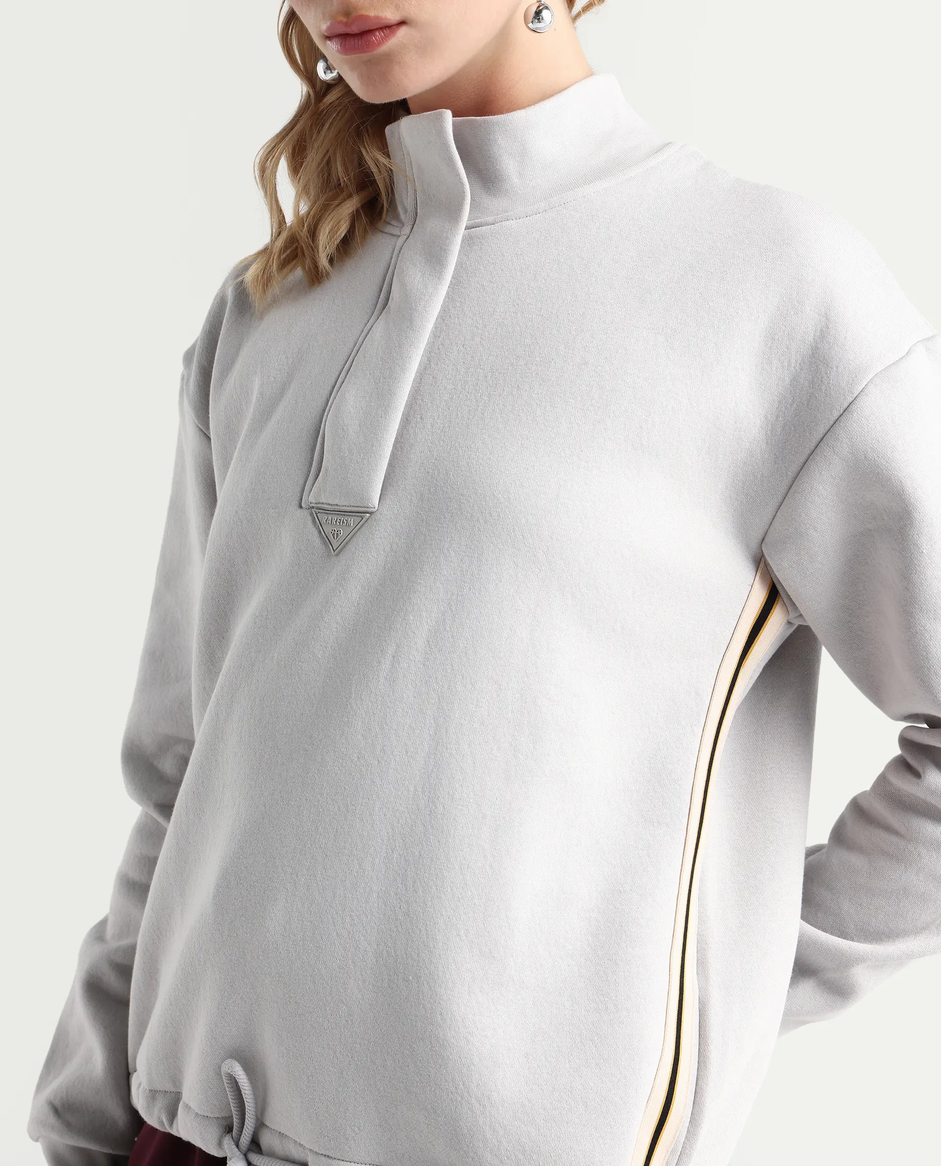 Rareism Women's Aldrichh Light Grey Polyester Blend High Neck Plain Regular Fit Sweatshirt
