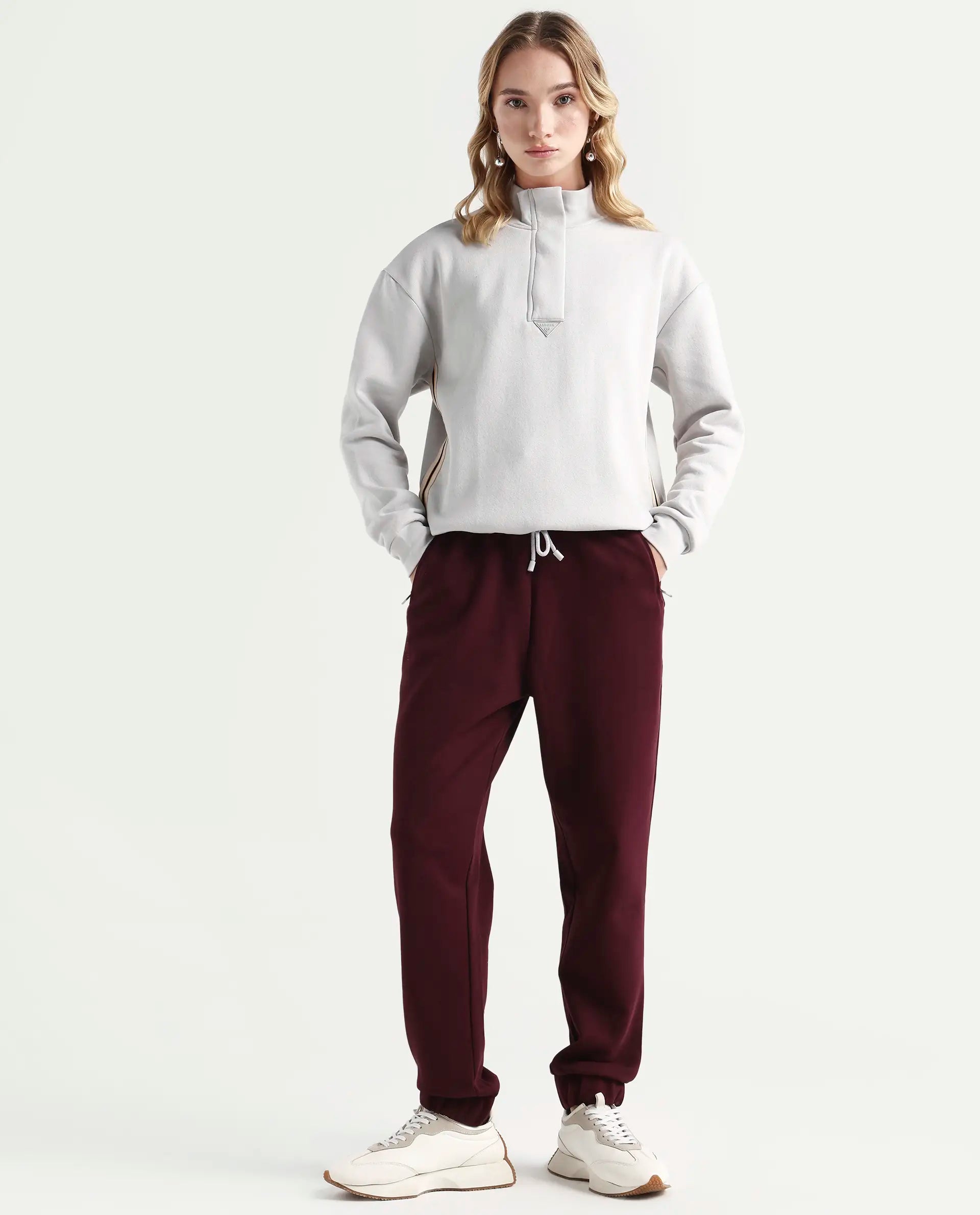 Rareism Women's Aldrichh Light Grey Polyester Blend High Neck Plain Regular Fit Sweatshirt