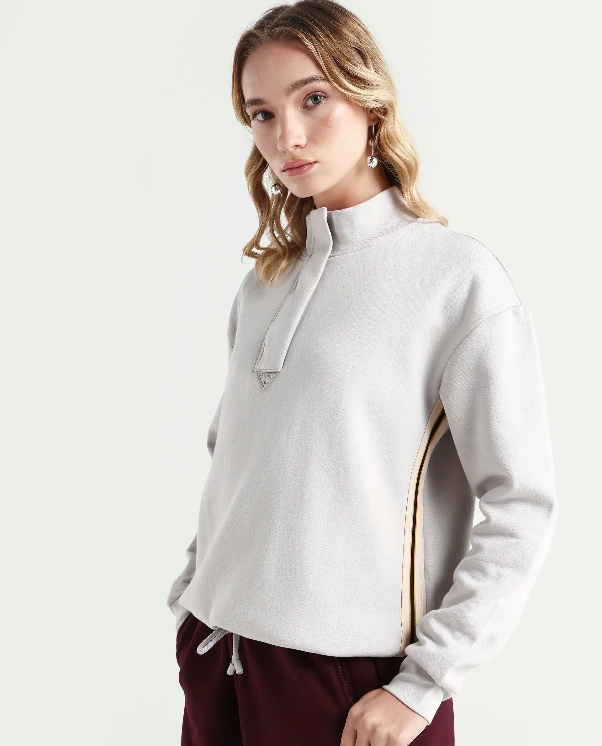 Rareism Women's Aldrichh Light Grey Polyester Blend High Neck Plain Regular Fit Sweatshirt