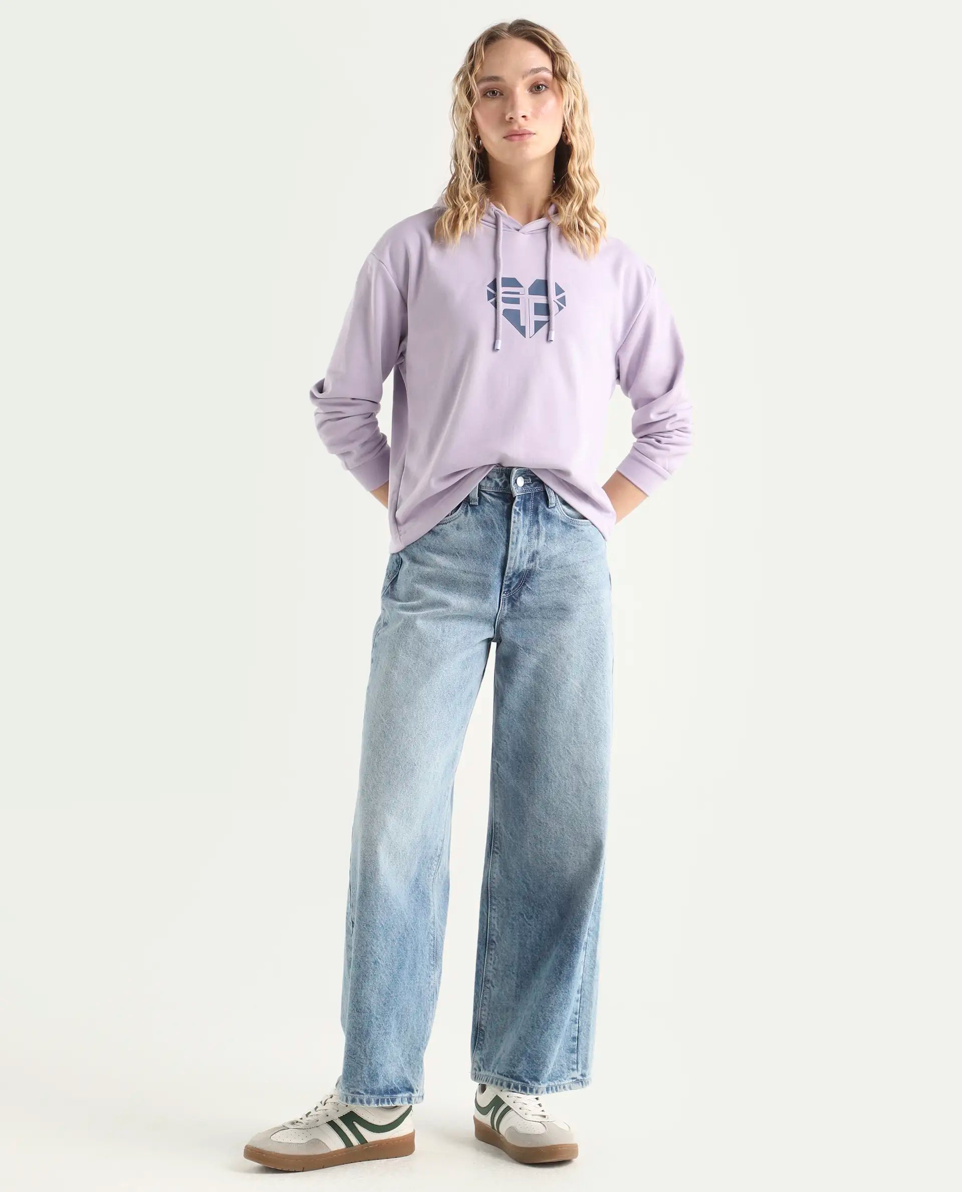 Rareism Women's Blacher Pastel Purple Polyester Blend Hooded Graphic Print Regular Fit Sweatshirt