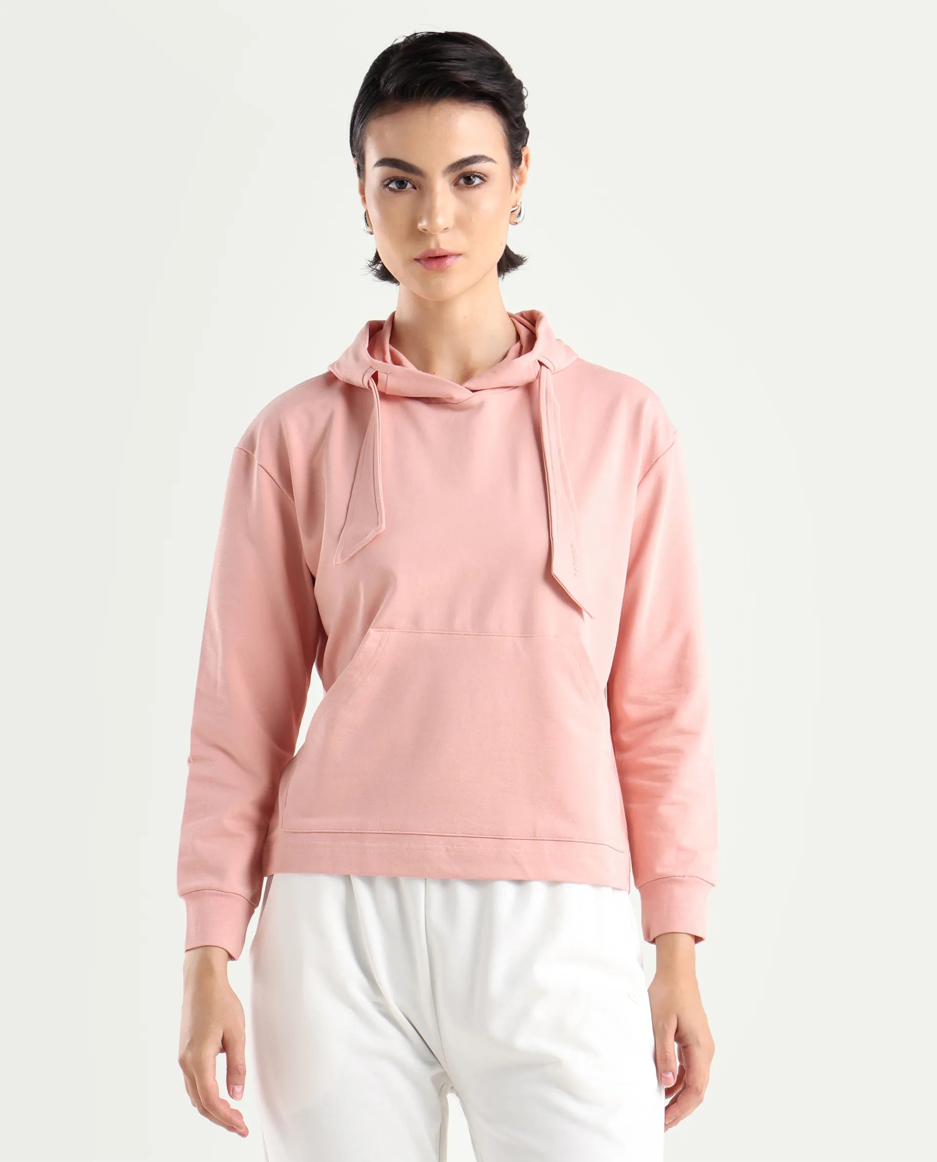 Rareism Women's Flynn Light Orange Cotton Blend Hooded Plain Regular Fit Sweatshirt