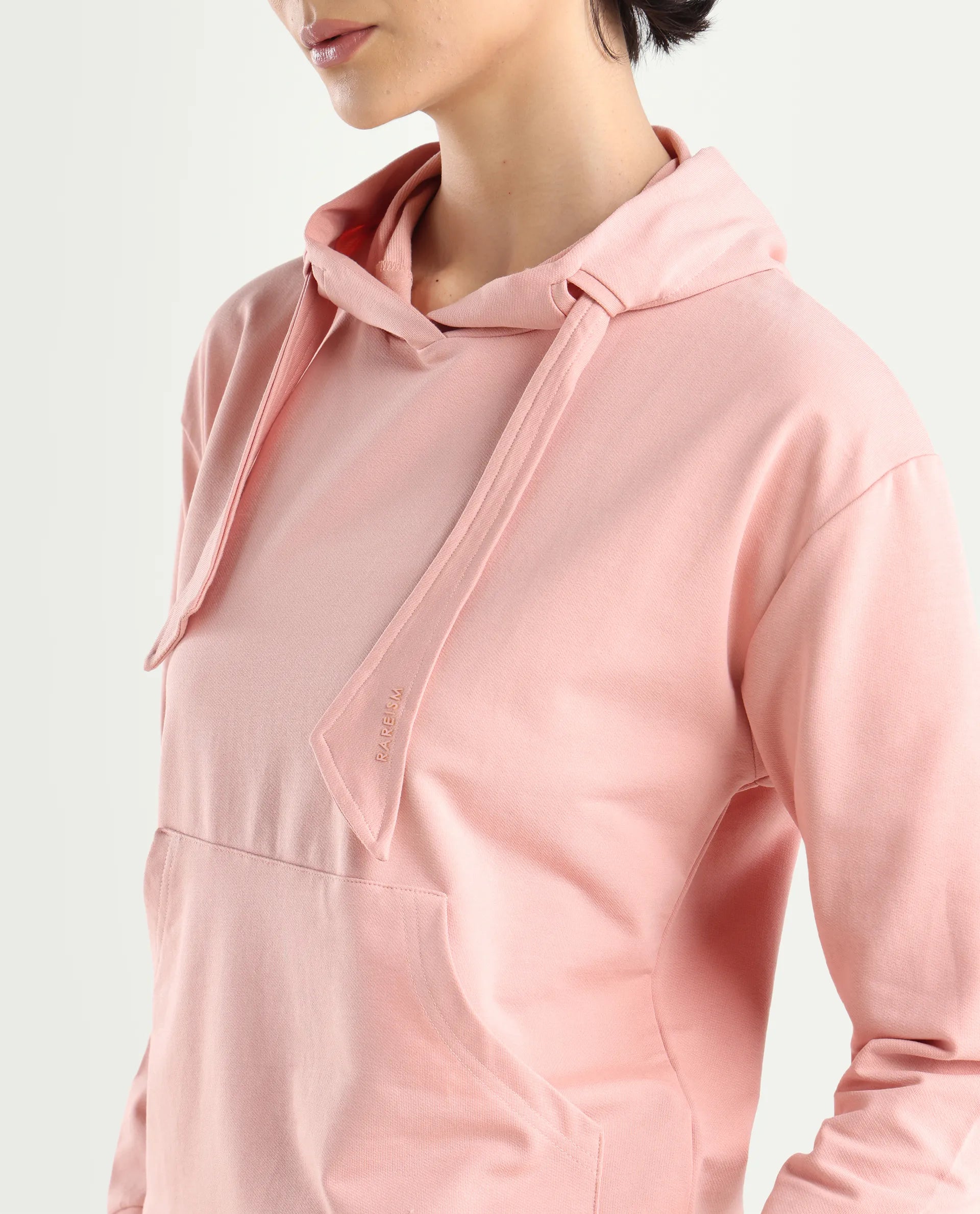Rareism Women's Flynn Light Orange Cotton Blend Hooded Plain Regular Fit Sweatshirt