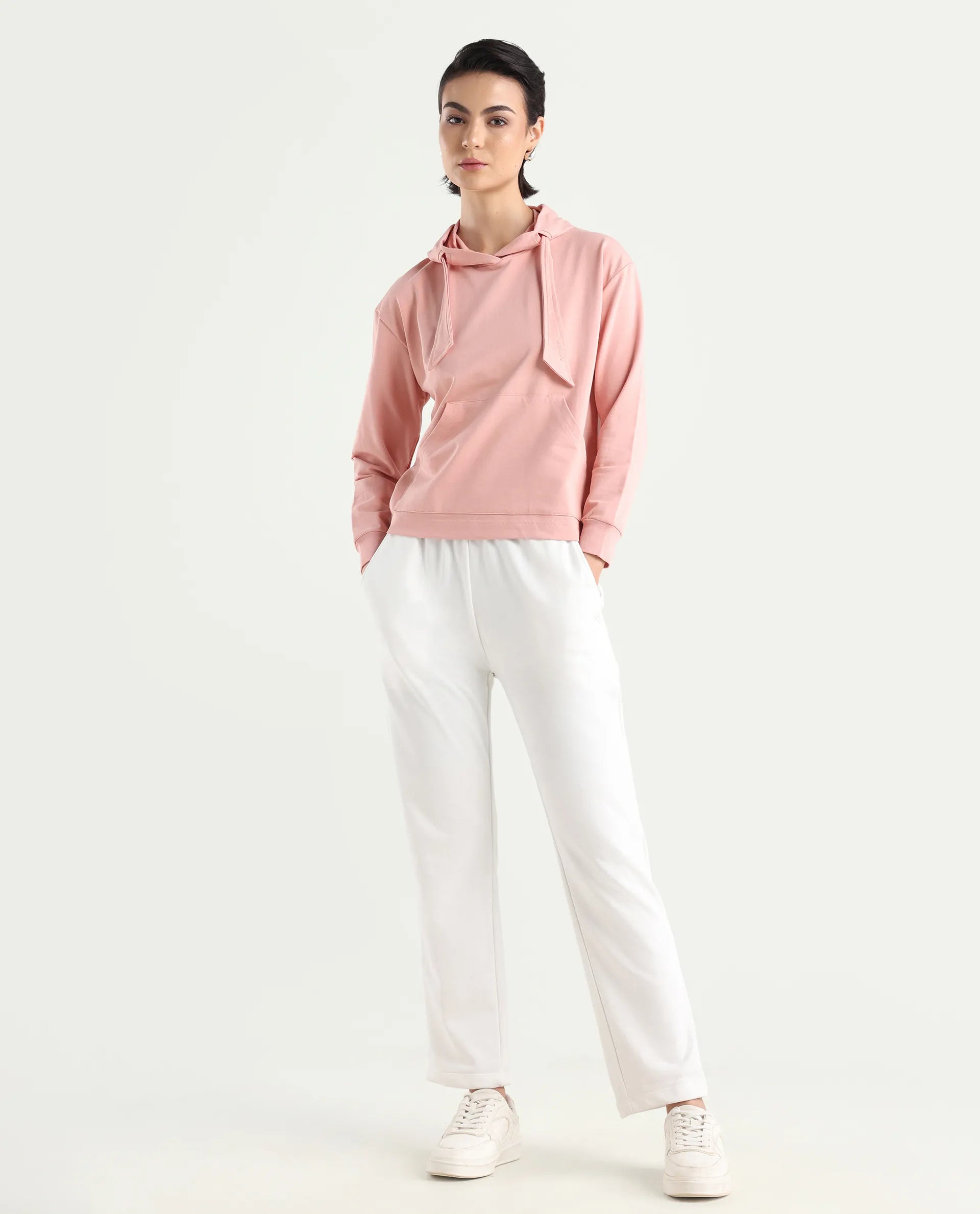 Rareism Women's Flynn Light Orange Cotton Blend Hooded Plain Regular Fit Sweatshirt