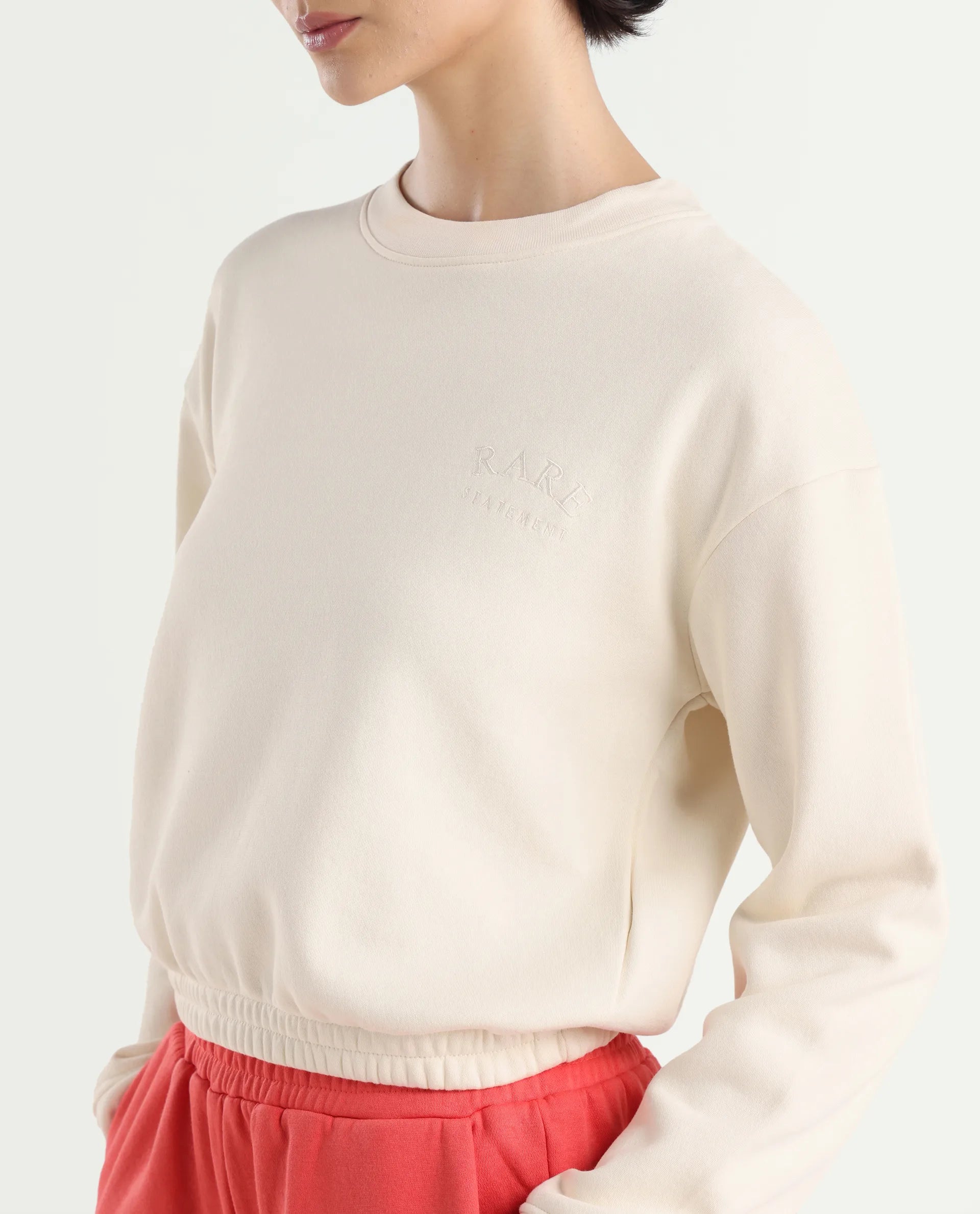 Rareism Women's Krok Beige Polyester Blend Crew Neck Embroidered Cuffed Sleeve Crop Regular Fit Sweatshirt