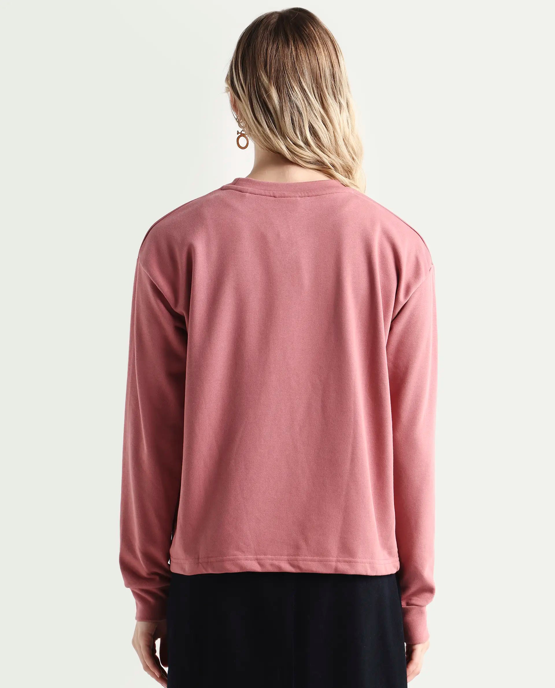 Rareism Women's Morin Dusky Pink Cotton Crew Neck Graphic Print Cuffed Sleeve Regular Fit Sweatshirt