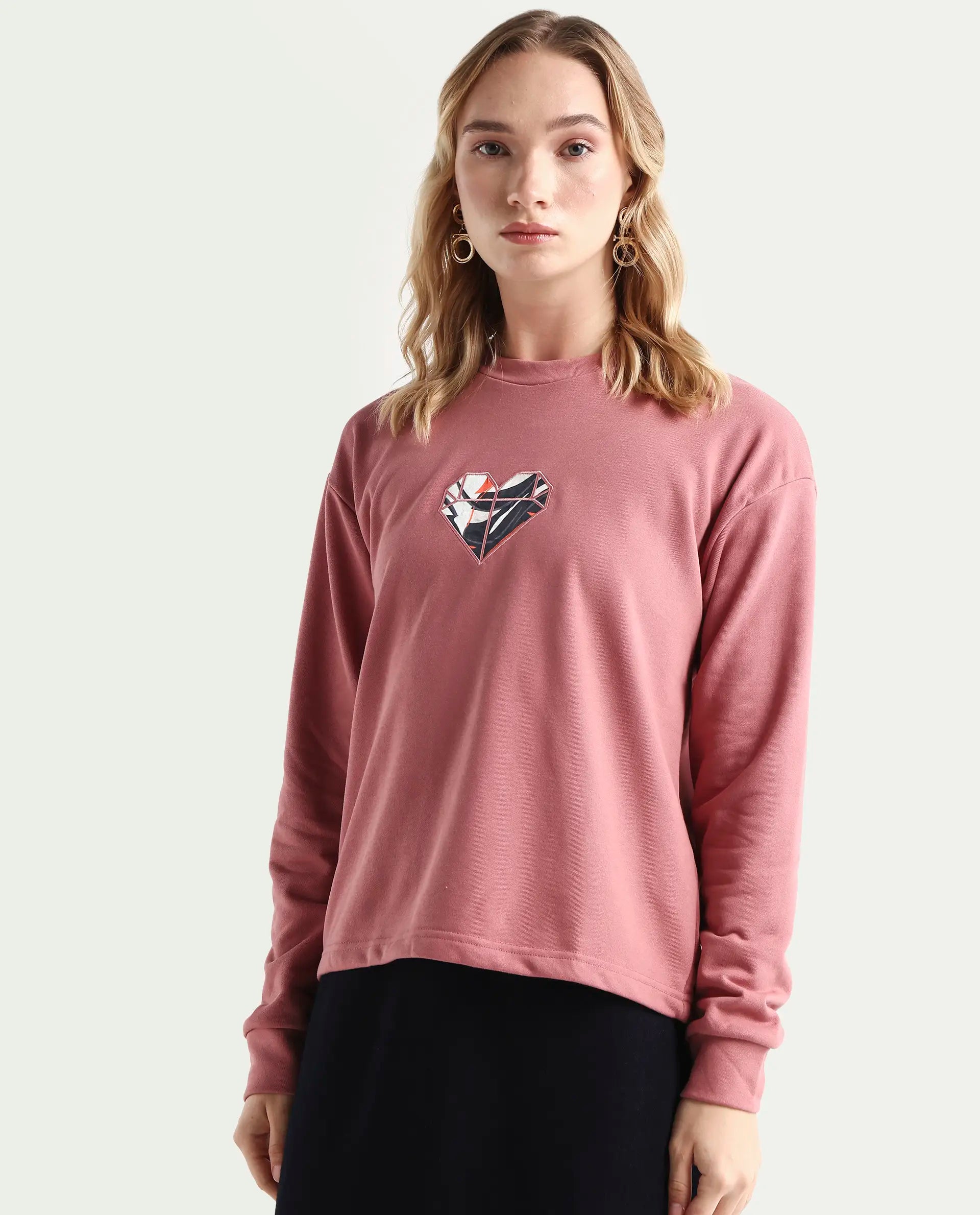 Rareism Women's Morin Dusky Pink Cotton Crew Neck Graphic Print Cuffed Sleeve Regular Fit Sweatshirt