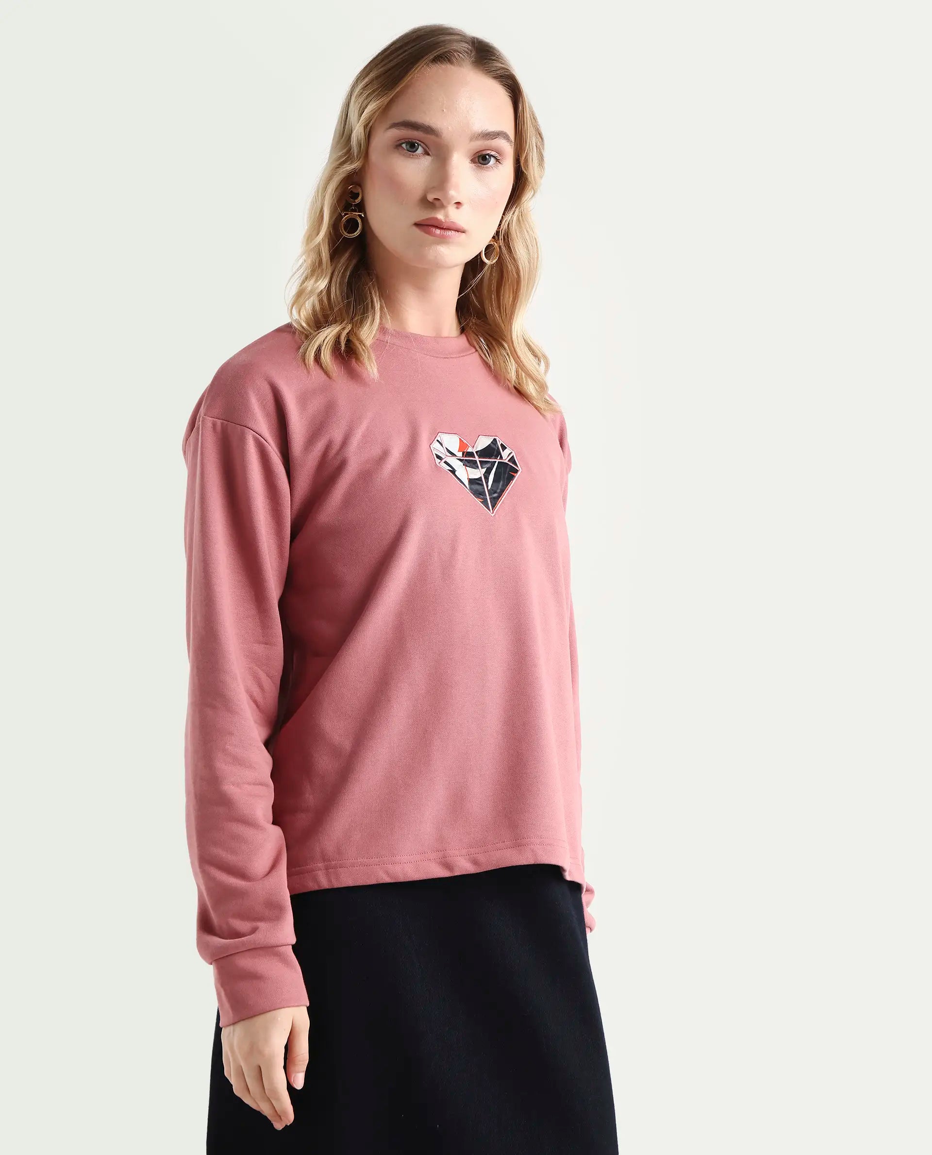 Rareism Women's Morin Dusky Pink Cotton Crew Neck Graphic Print Cuffed Sleeve Regular Fit Sweatshirt