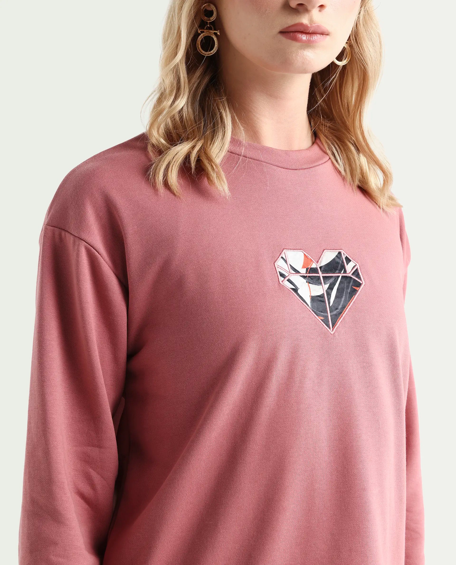 Rareism Women's Morin Dusky Pink Cotton Crew Neck Graphic Print Cuffed Sleeve Regular Fit Sweatshirt