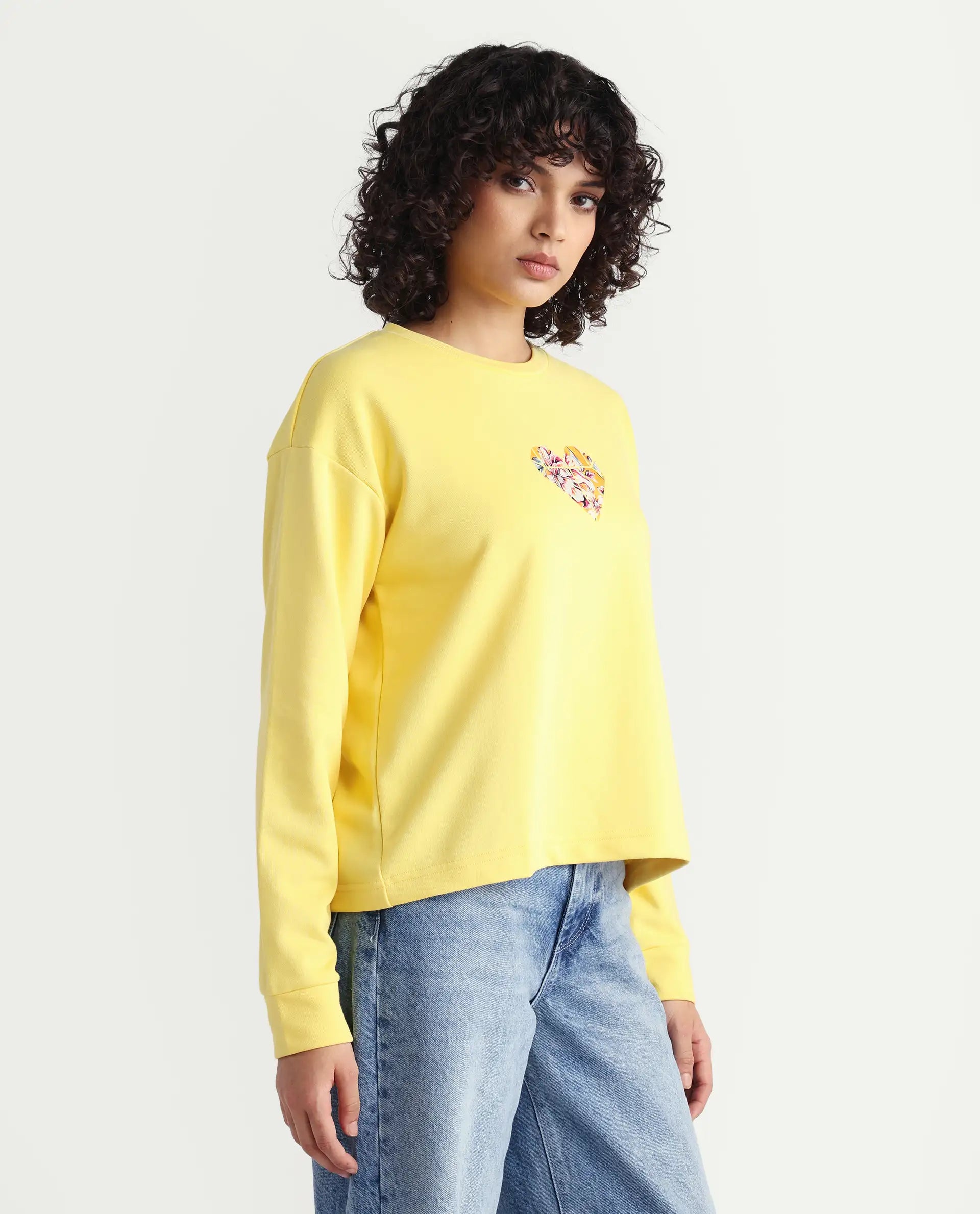 Rareism Women's Morin Yellow Polyester Blend Crew Neck Graphic Print Cuffed Sleeve Regular Fit Sweatshirt