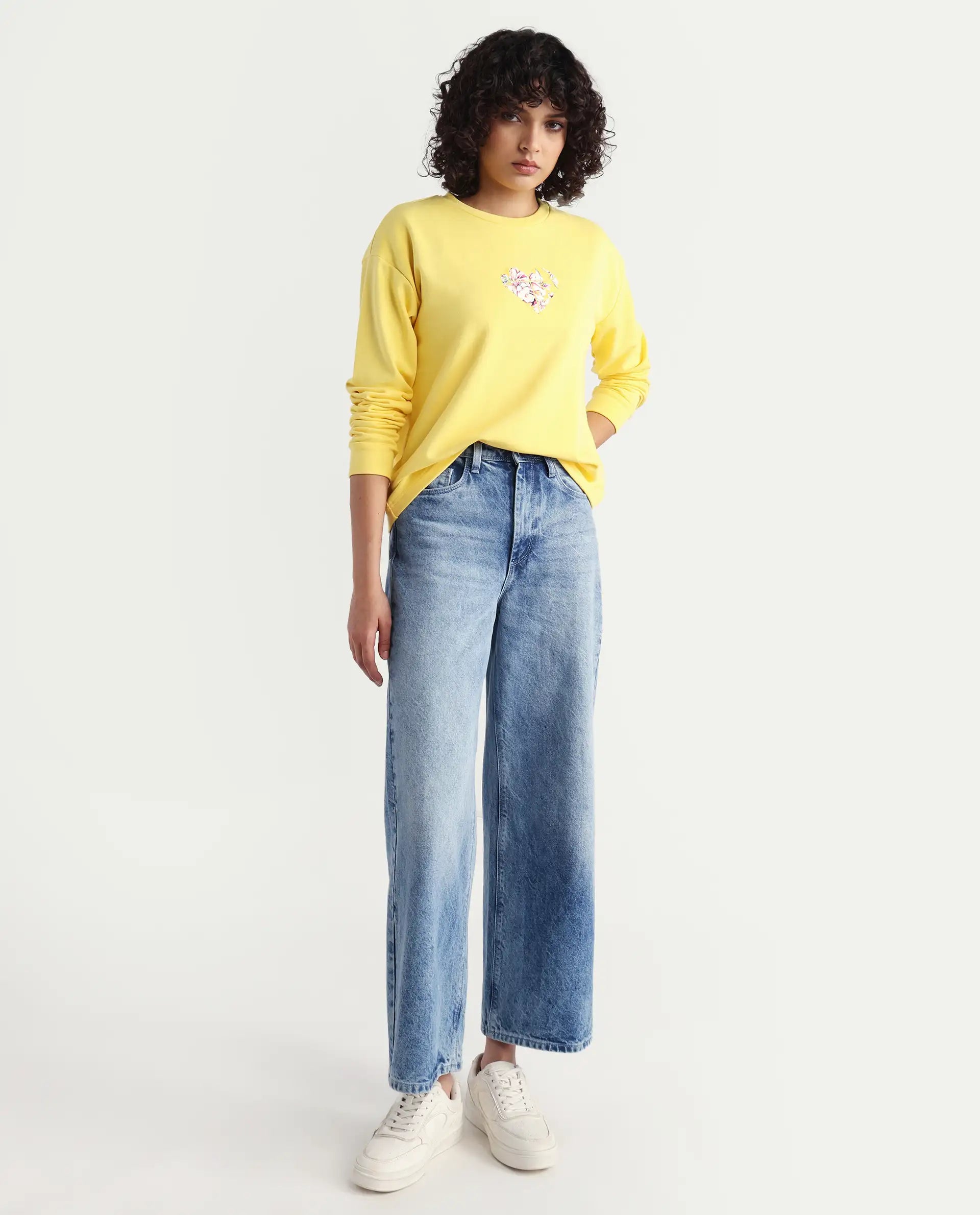 Rareism Women's Morin Yellow Polyester Blend Crew Neck Graphic Print Cuffed Sleeve Regular Fit Sweatshirt