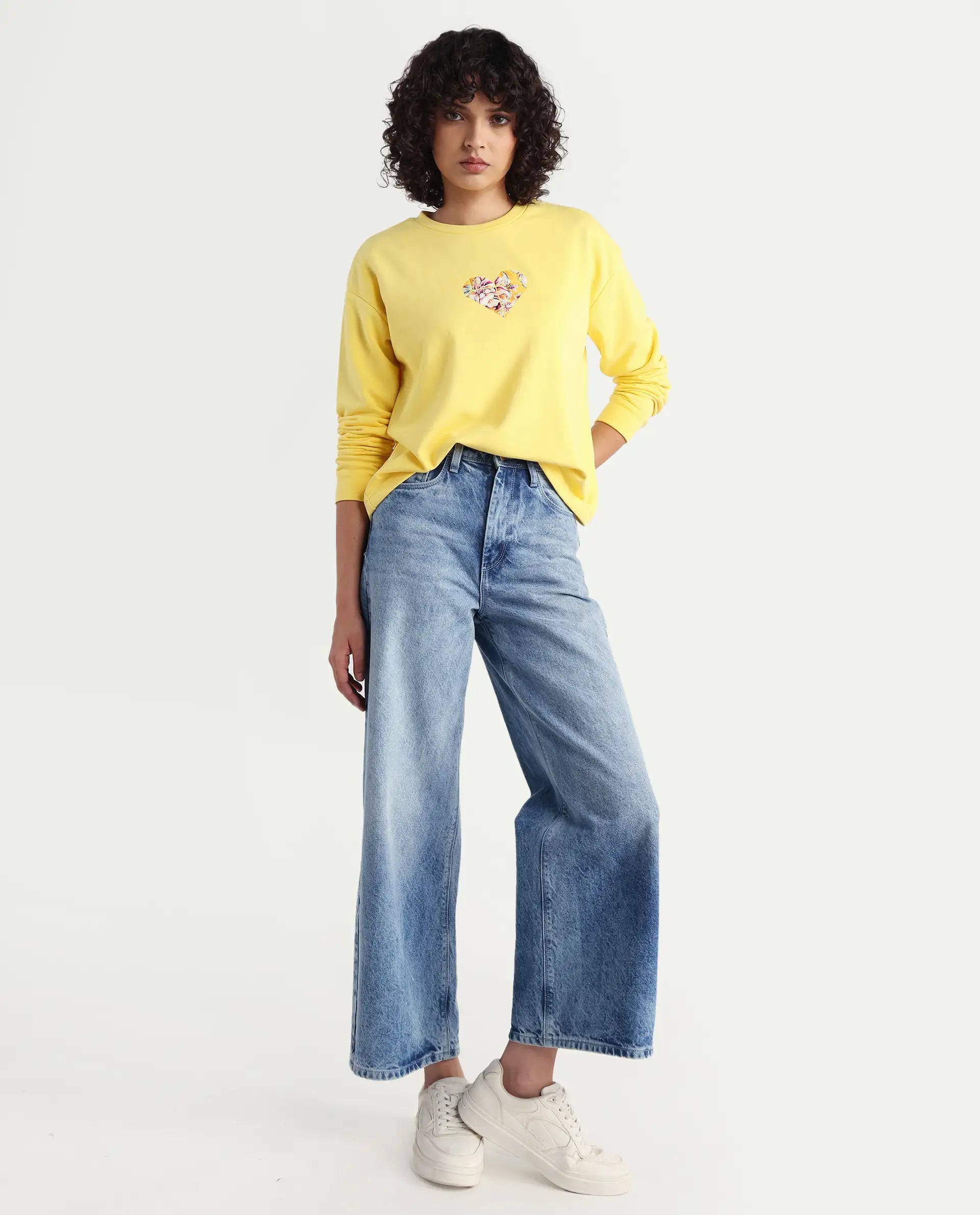 Rareism Women's Morin Yellow Polyester Blend Crew Neck Graphic Print Cuffed Sleeve Regular Fit Sweatshirt