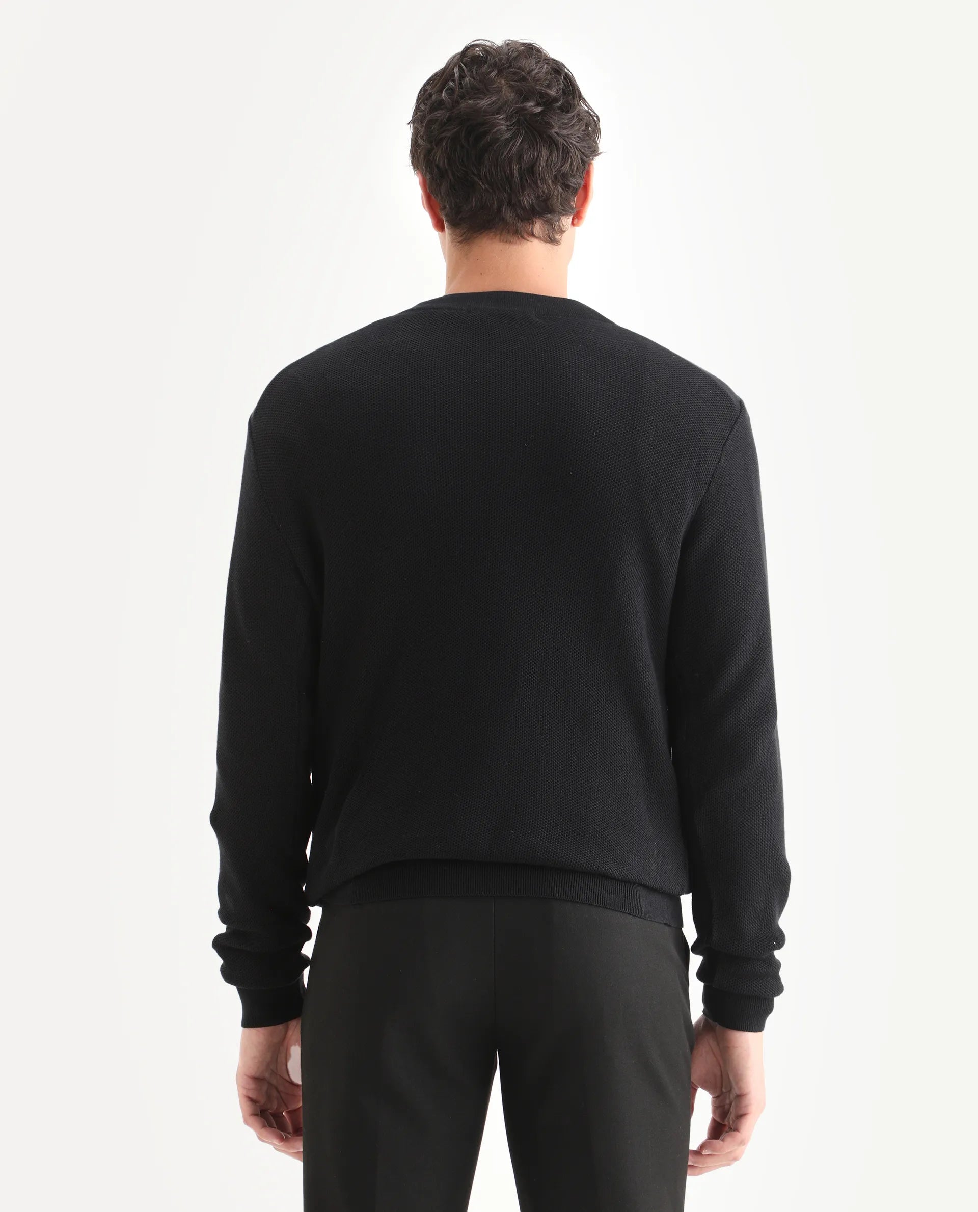 Rare Rabbit Men's Breeze Black Cotton Plain Regular Fit Full Sleeve V-Neck Sweater