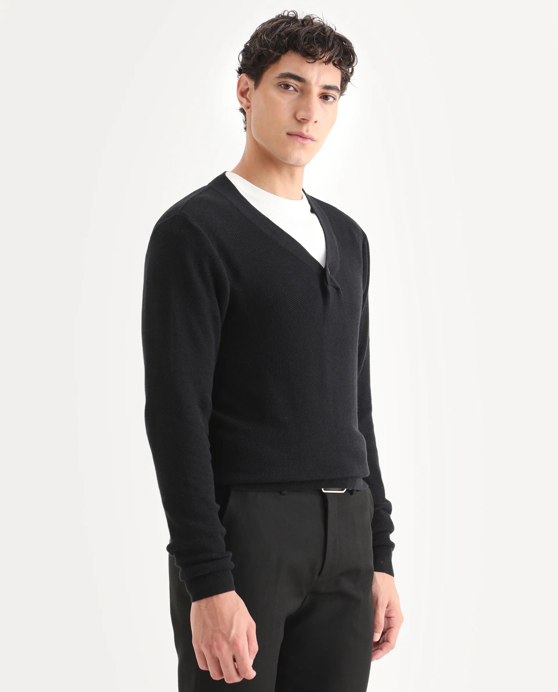 Rare Rabbit Men's Breeze Black Cotton Plain Regular Fit Full Sleeve V-Neck Sweater