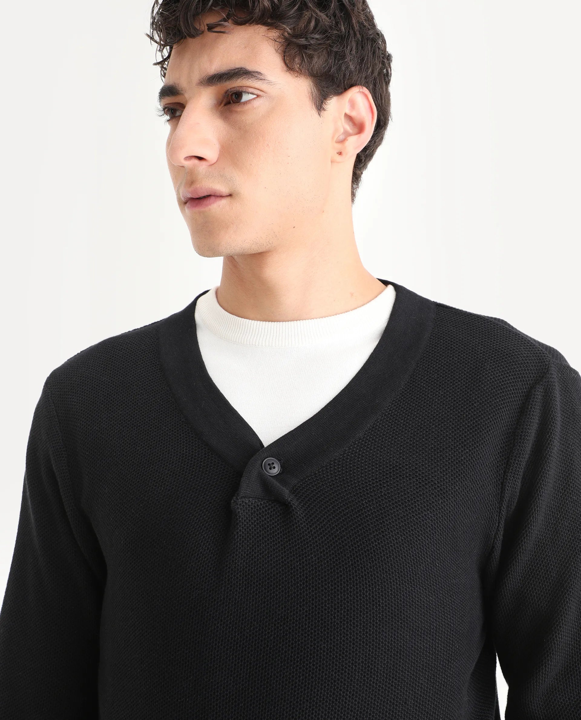 Rare Rabbit Men's Breeze Black Cotton Plain Regular Fit Full Sleeve V-Neck Sweater