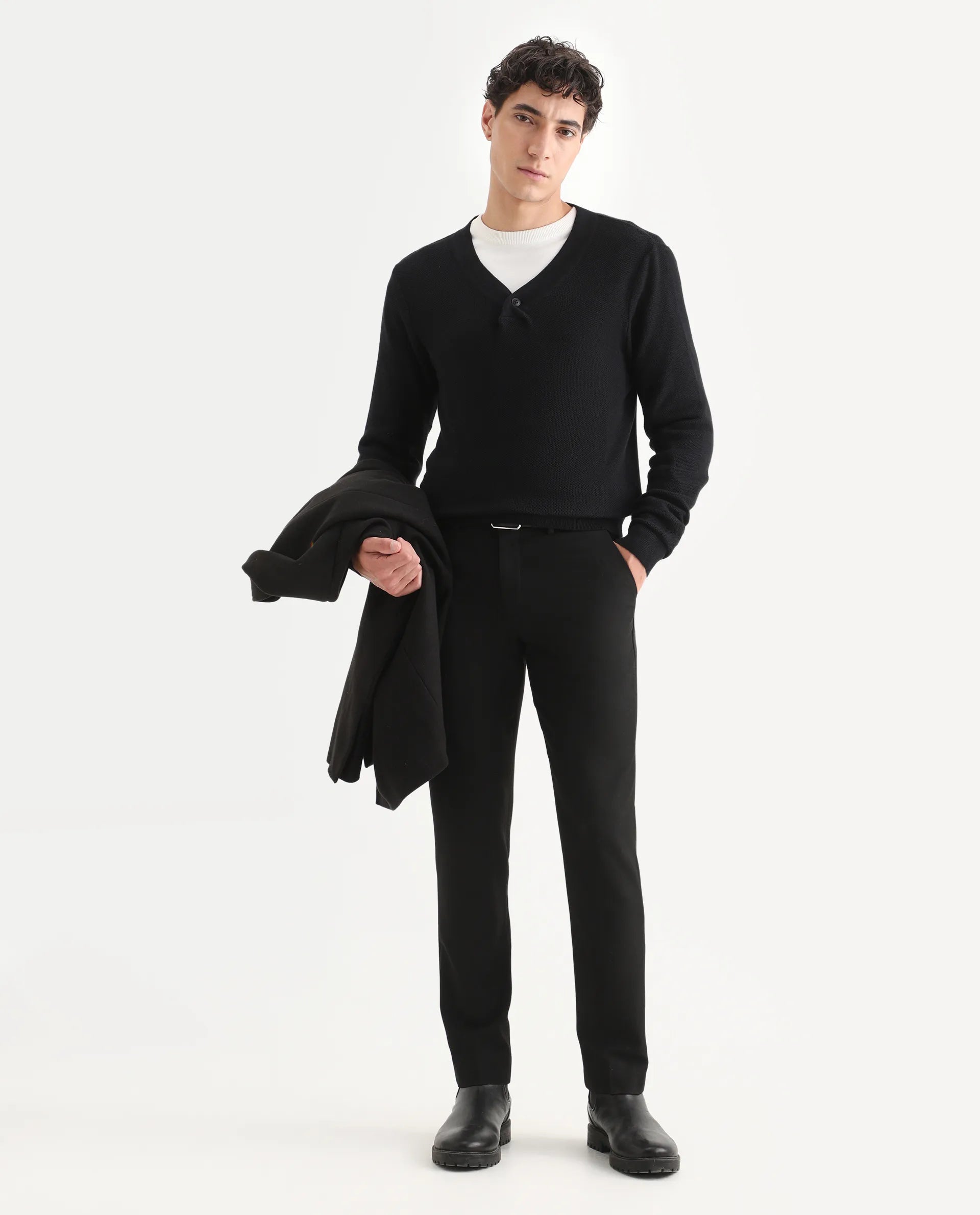 Rare Rabbit Men's Breeze Black Cotton Plain Regular Fit Full Sleeve V-Neck Sweater