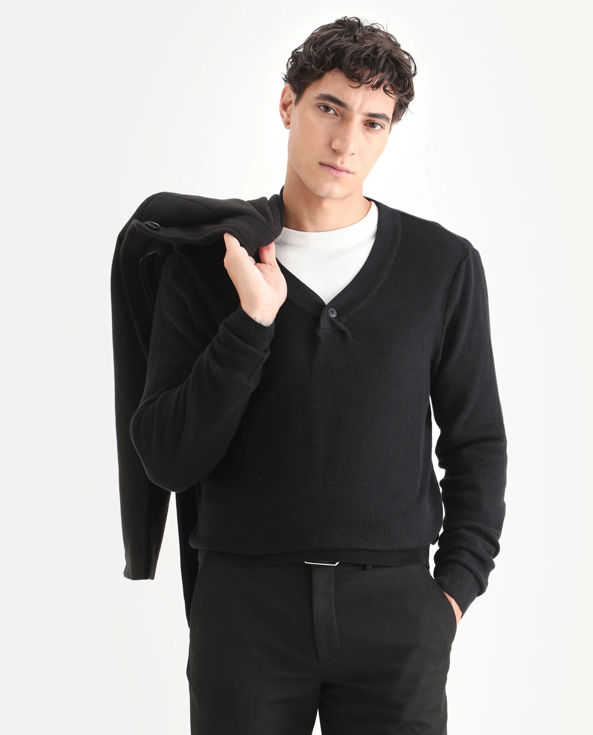 Rare Rabbit Men's Breeze Black Cotton Plain Regular Fit Full Sleeve V-Neck Sweater