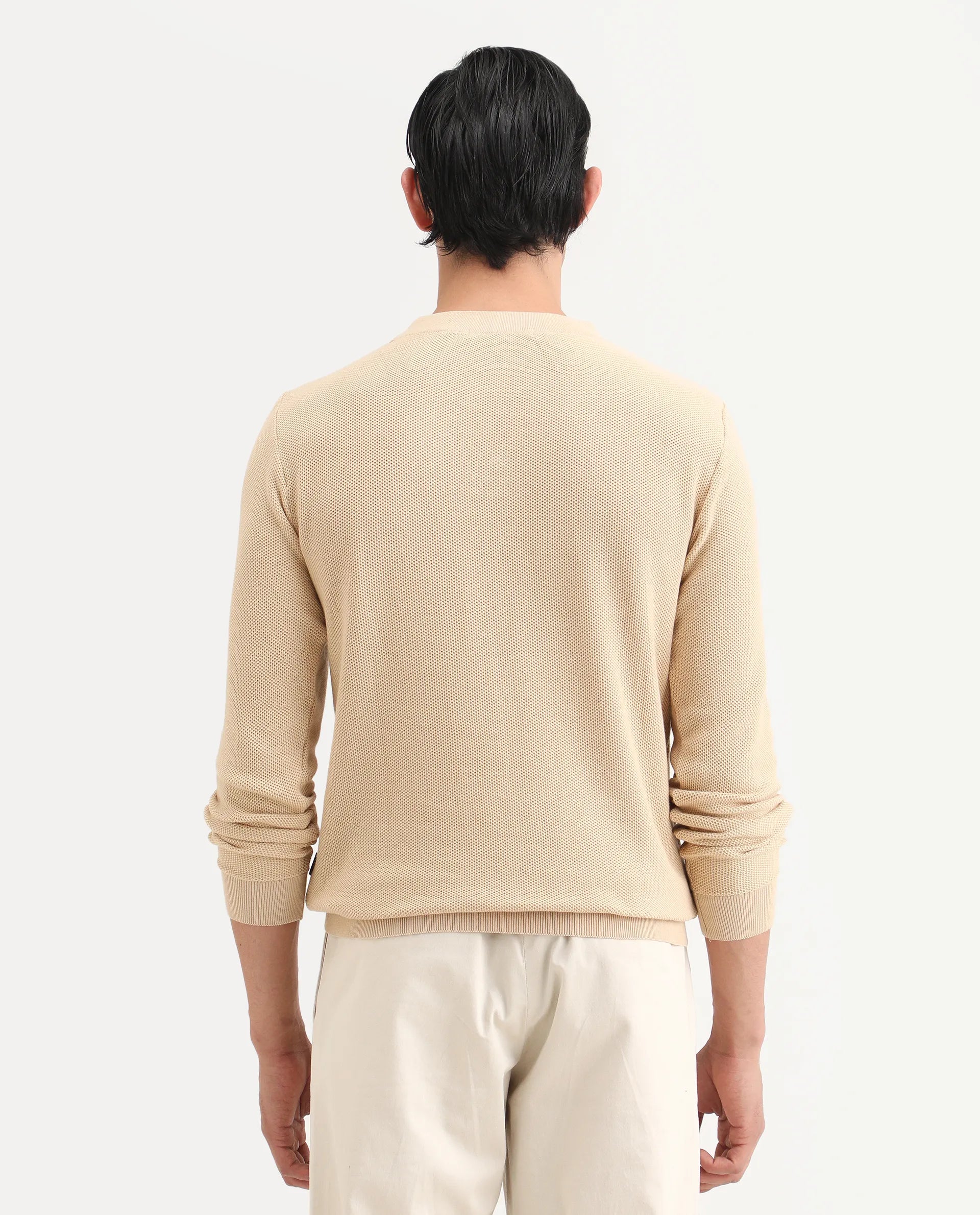 Rare Rabbit Men's Breeze Beige Cotton Plain Regular Fit Full Sleeve V-Neck Sweater