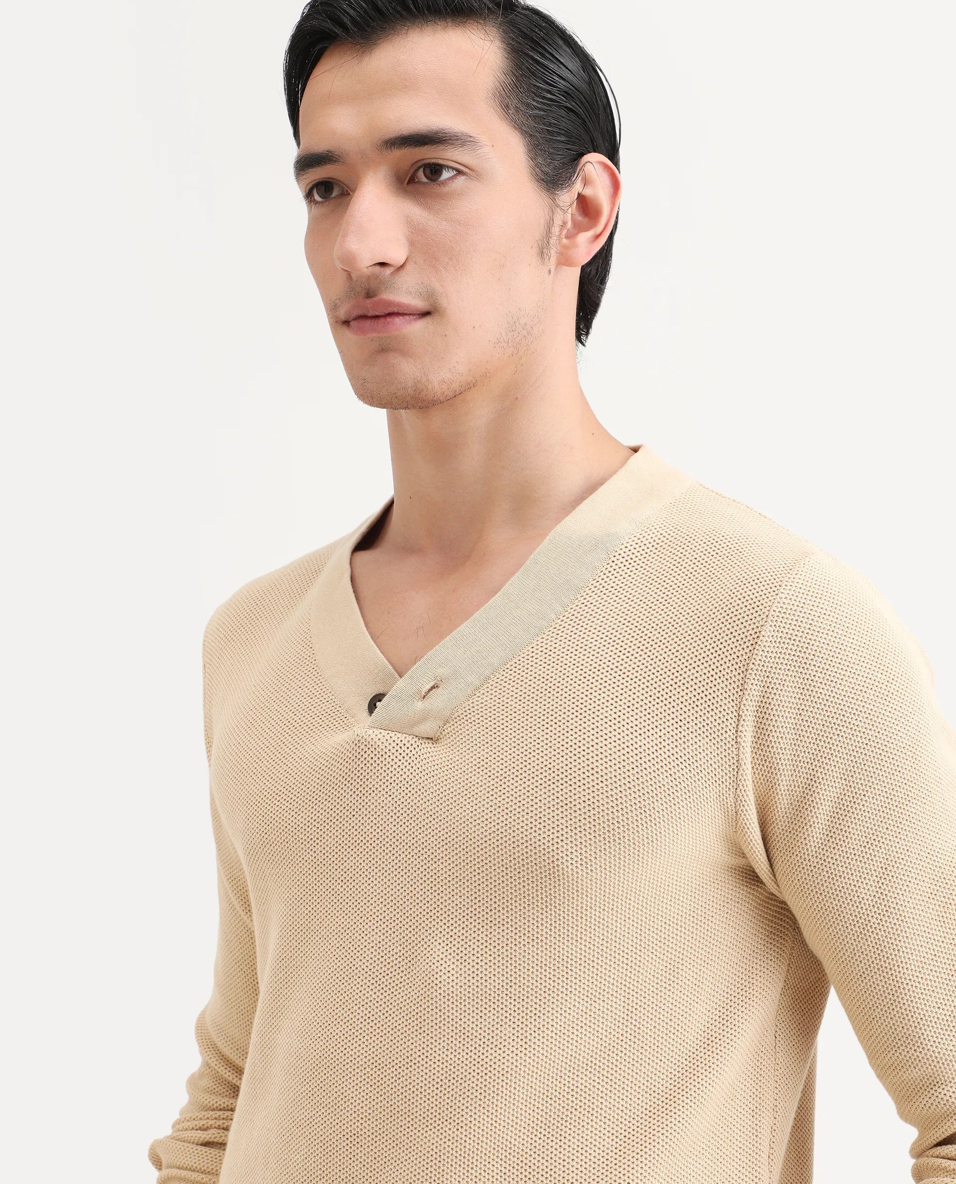 Rare Rabbit Men's Breeze Beige Cotton Plain Regular Fit Full Sleeve V-Neck Sweater