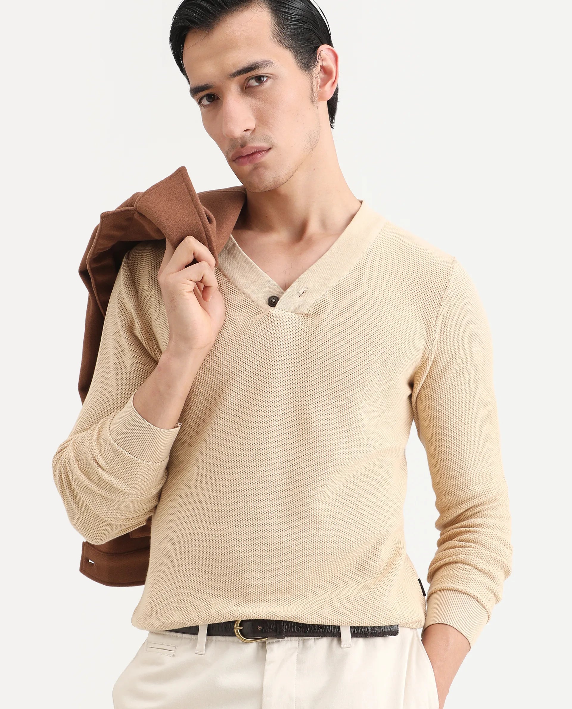 Rare Rabbit Men's Breeze Beige Cotton Plain Regular Fit Full Sleeve V-Neck Sweater
