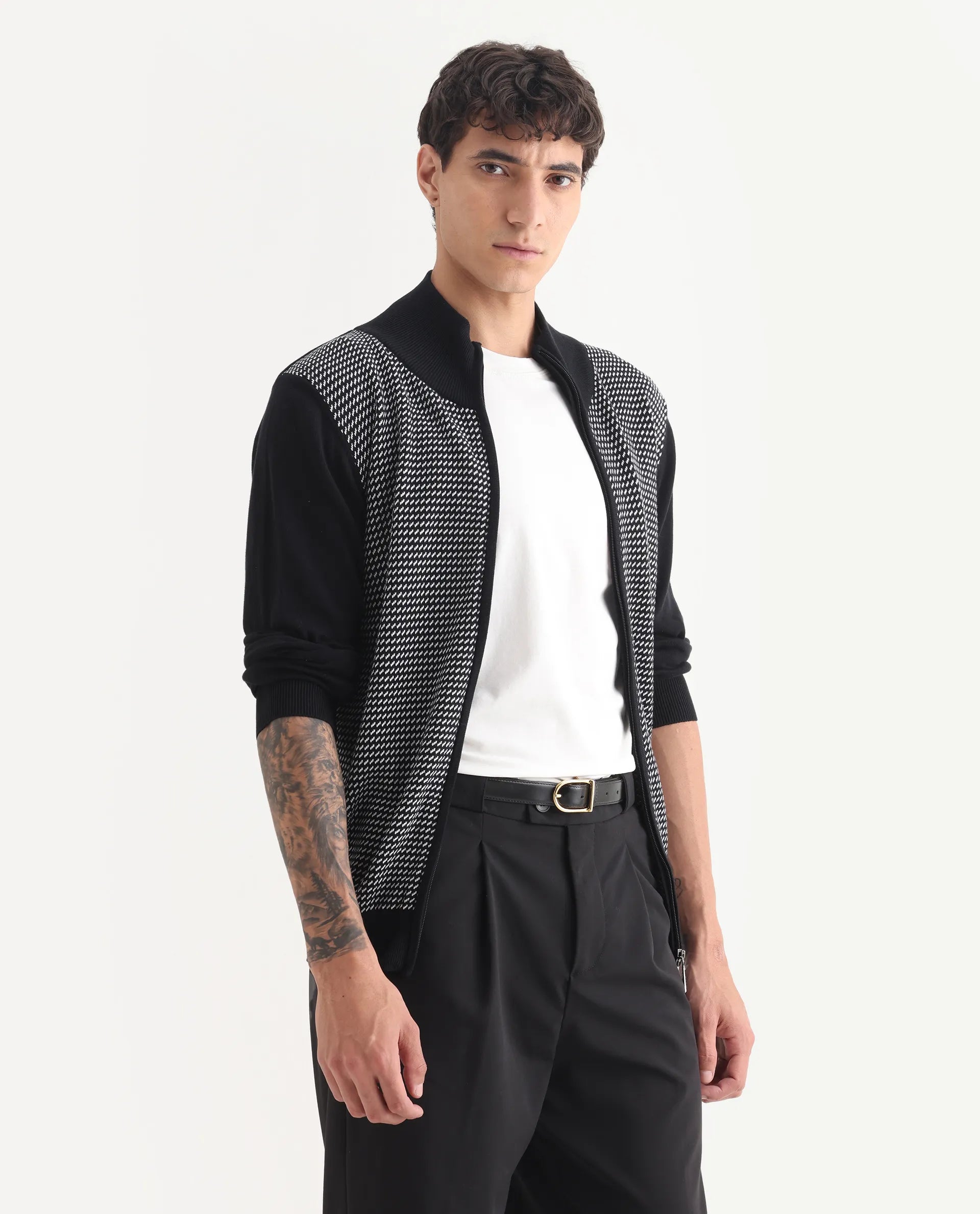 Rare Rabbit Men's Heritage Black Cotton Jacquard Regular Fit Full Sleeve High Neck Sweater