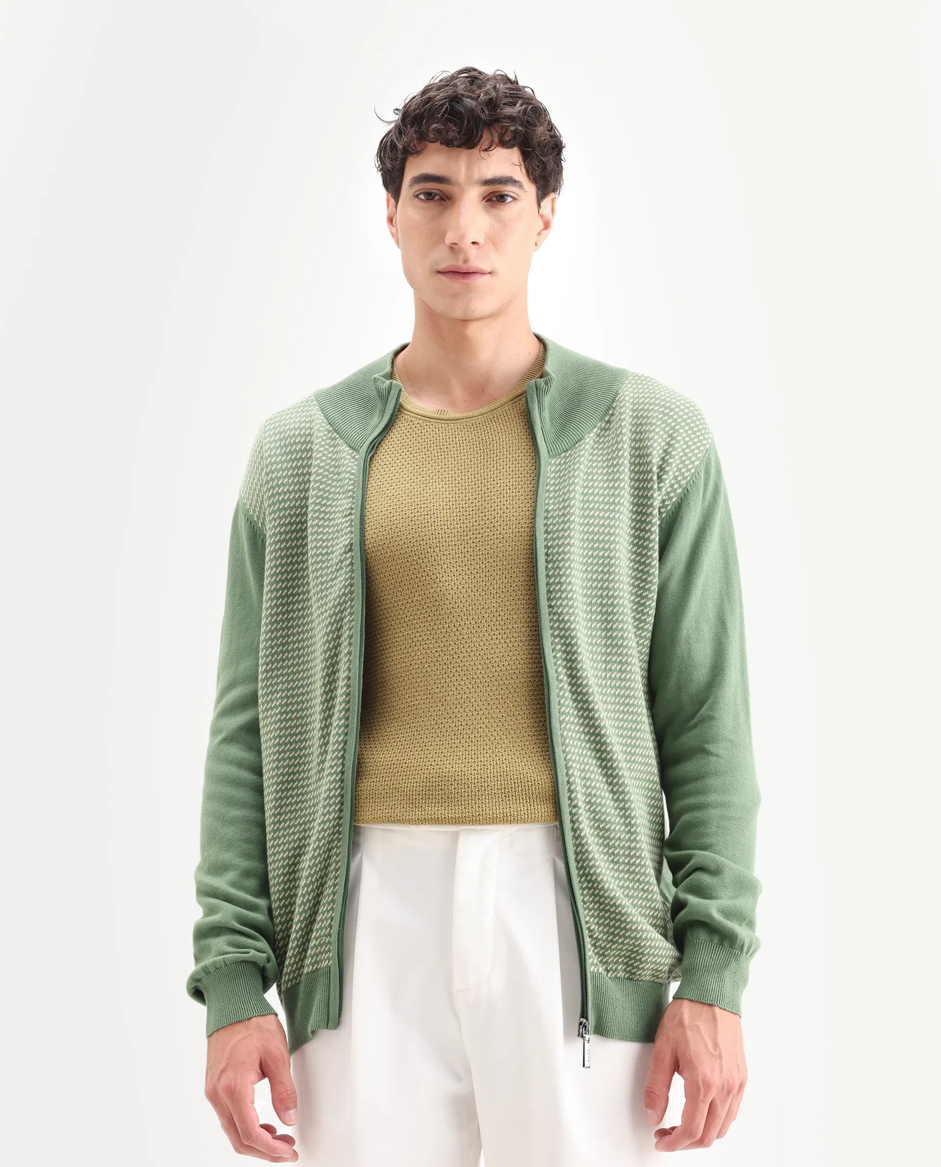 Rare Rabbit Men's Heritage Green Cotton Jacquard Regular Fit Full Sleeve High Neck Sweater