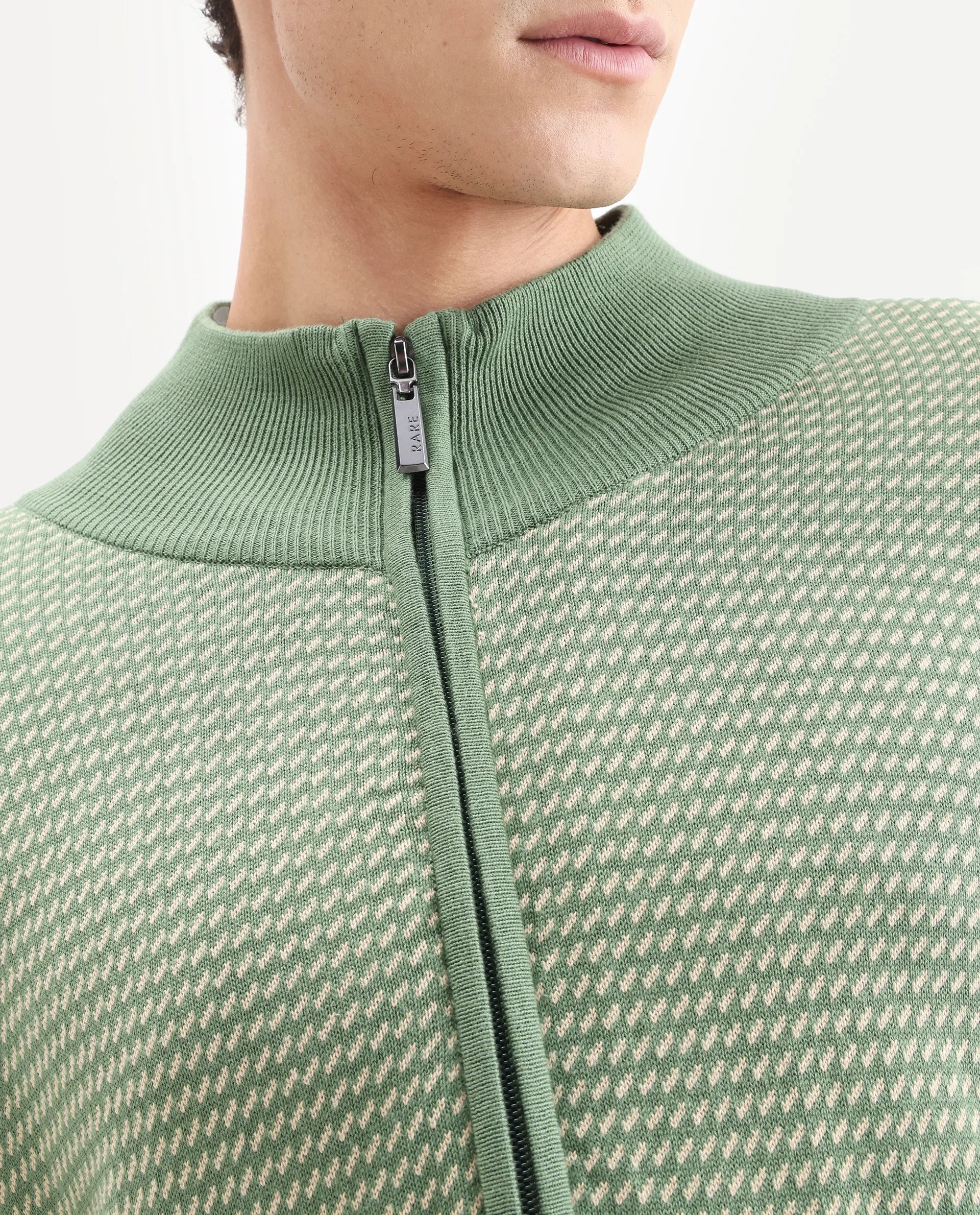Rare Rabbit Men's Heritage Green Cotton Jacquard Regular Fit Full Sleeve High Neck Sweater