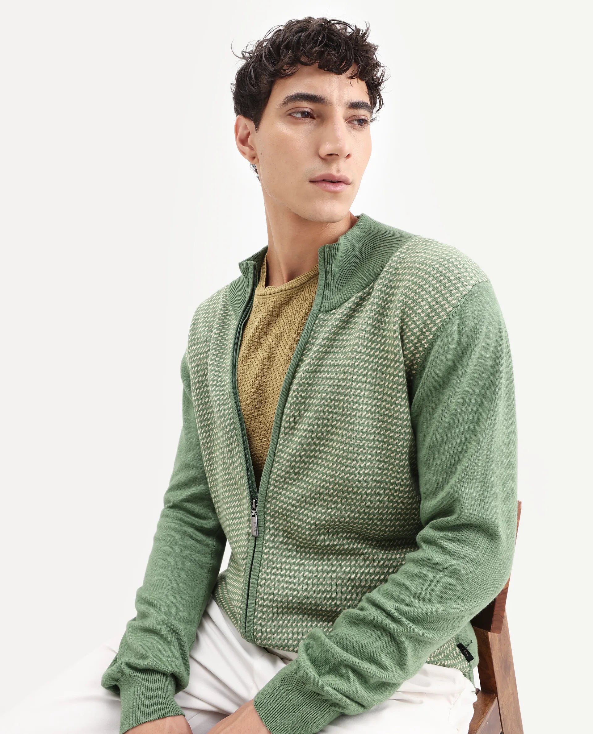 Rare Rabbit Men's Heritage Green Cotton Jacquard Regular Fit Full Sleeve High Neck Sweater