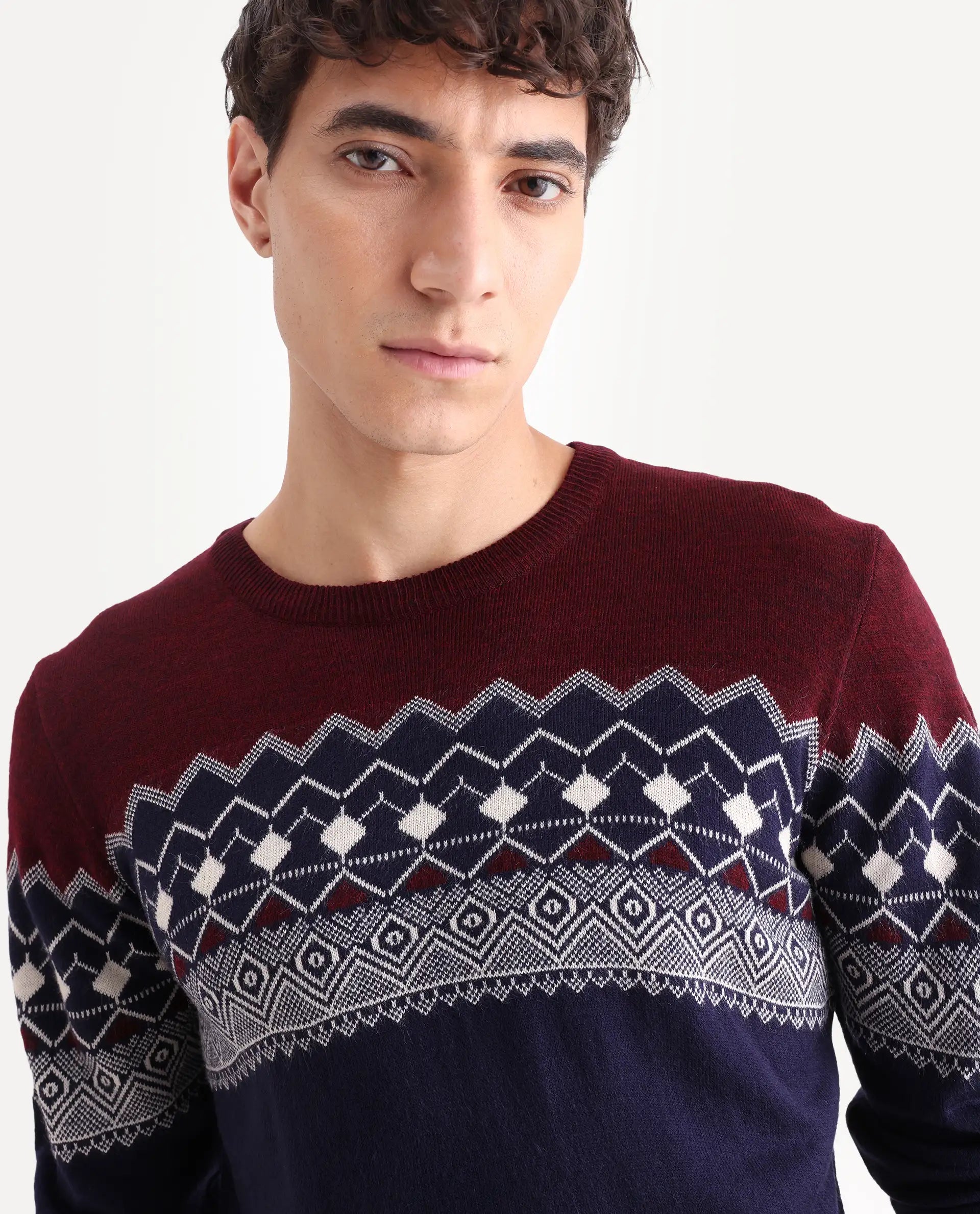 Rare Rabbit Men's Puzzle Blue Acrylic Abstract Print Relaxed Fit Full Sleeve Crew Neck Sweater