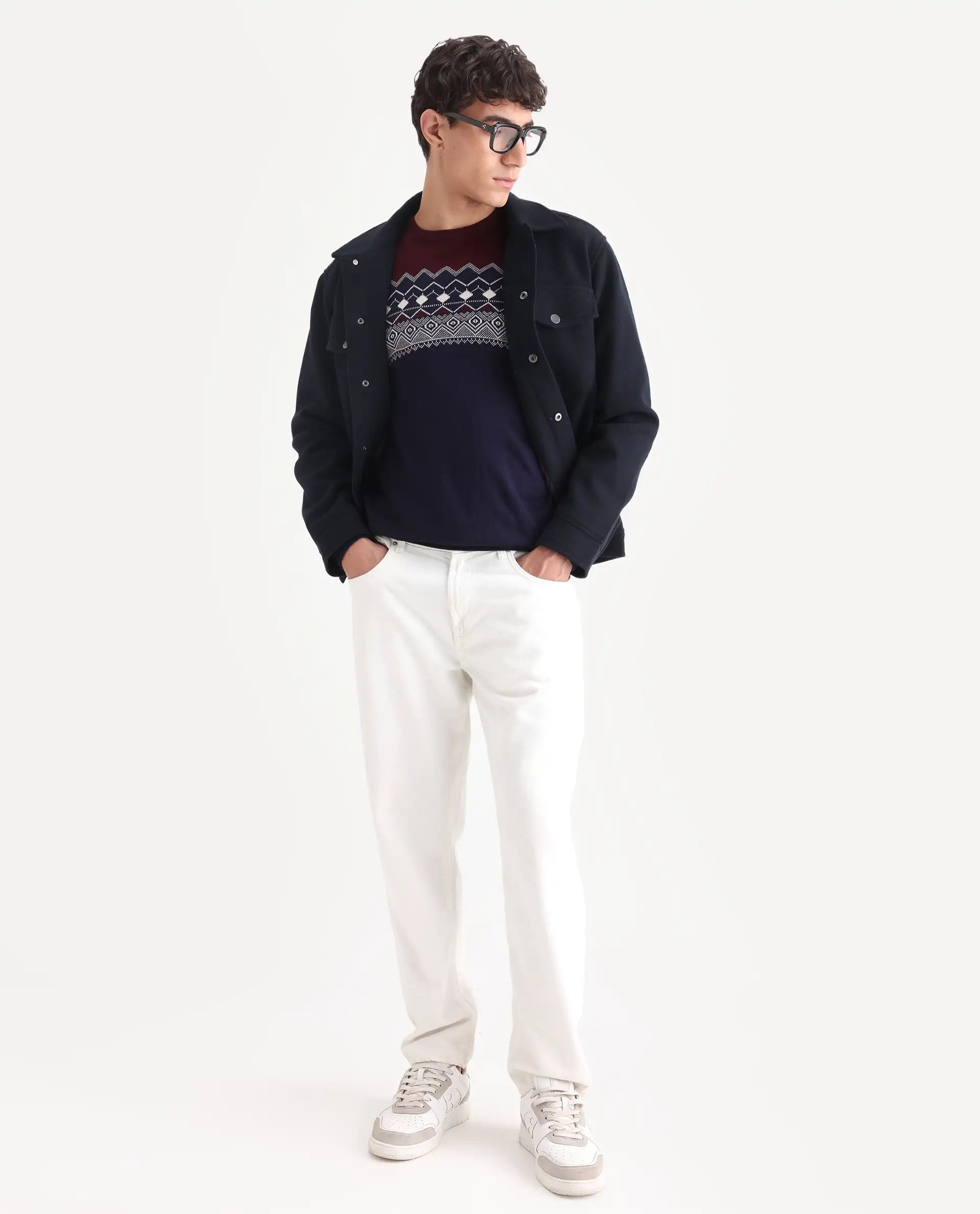 Rare Rabbit Men's Puzzle Blue Acrylic Abstract Print Relaxed Fit Full Sleeve Crew Neck Sweater