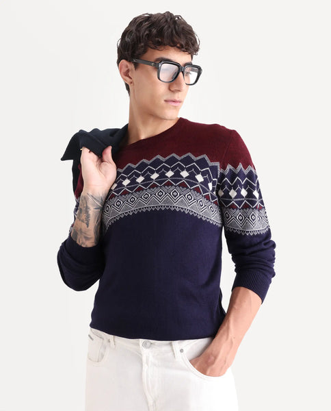 Buy Puzzle - Blue Relaxed Fit Abstract Print Sweater| Rare Rabbit