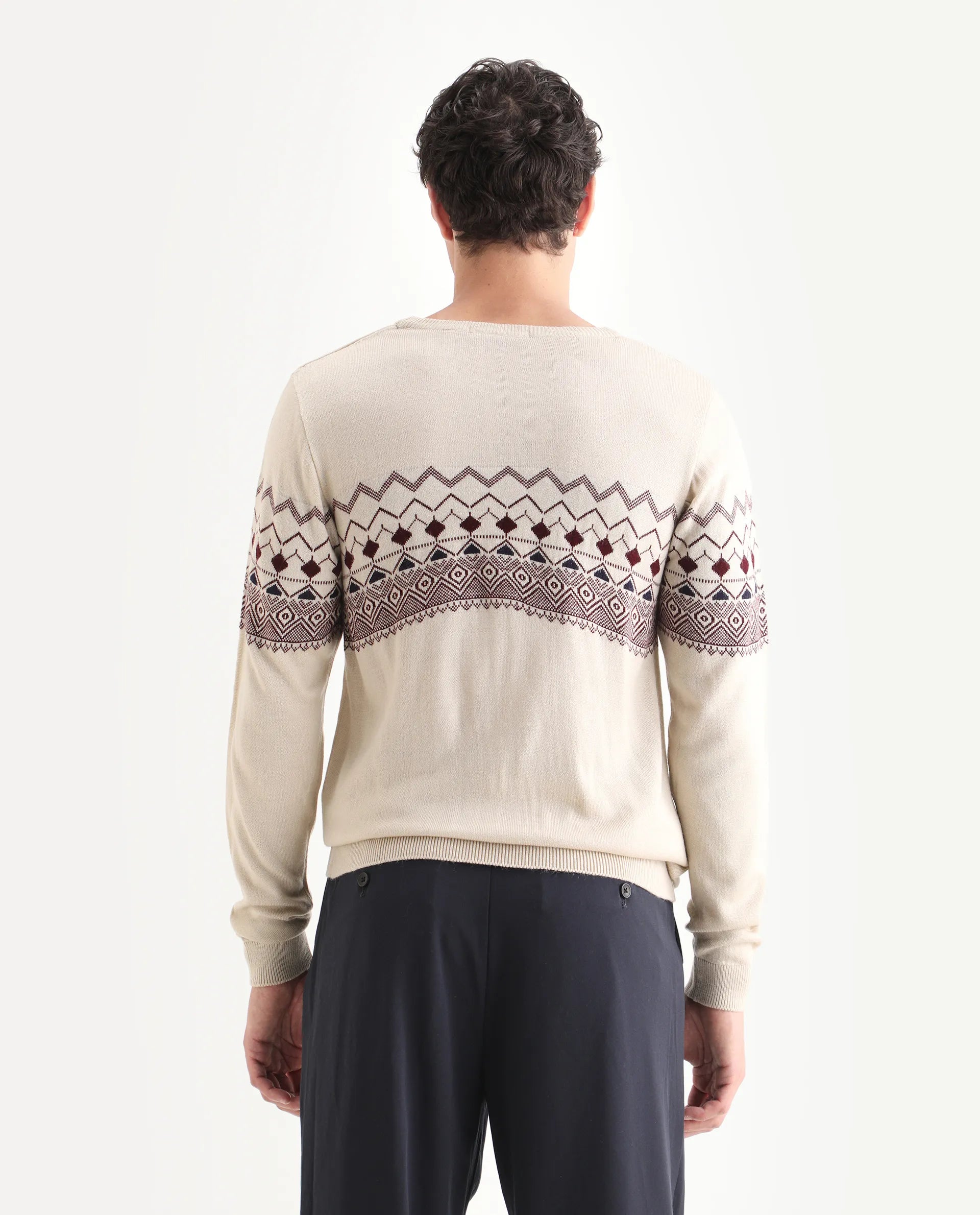 Rare Rabbit Men's Puzzle Off White Acrylic Abstract Print Relaxed Fit Full Sleeve Crew Neck Sweater