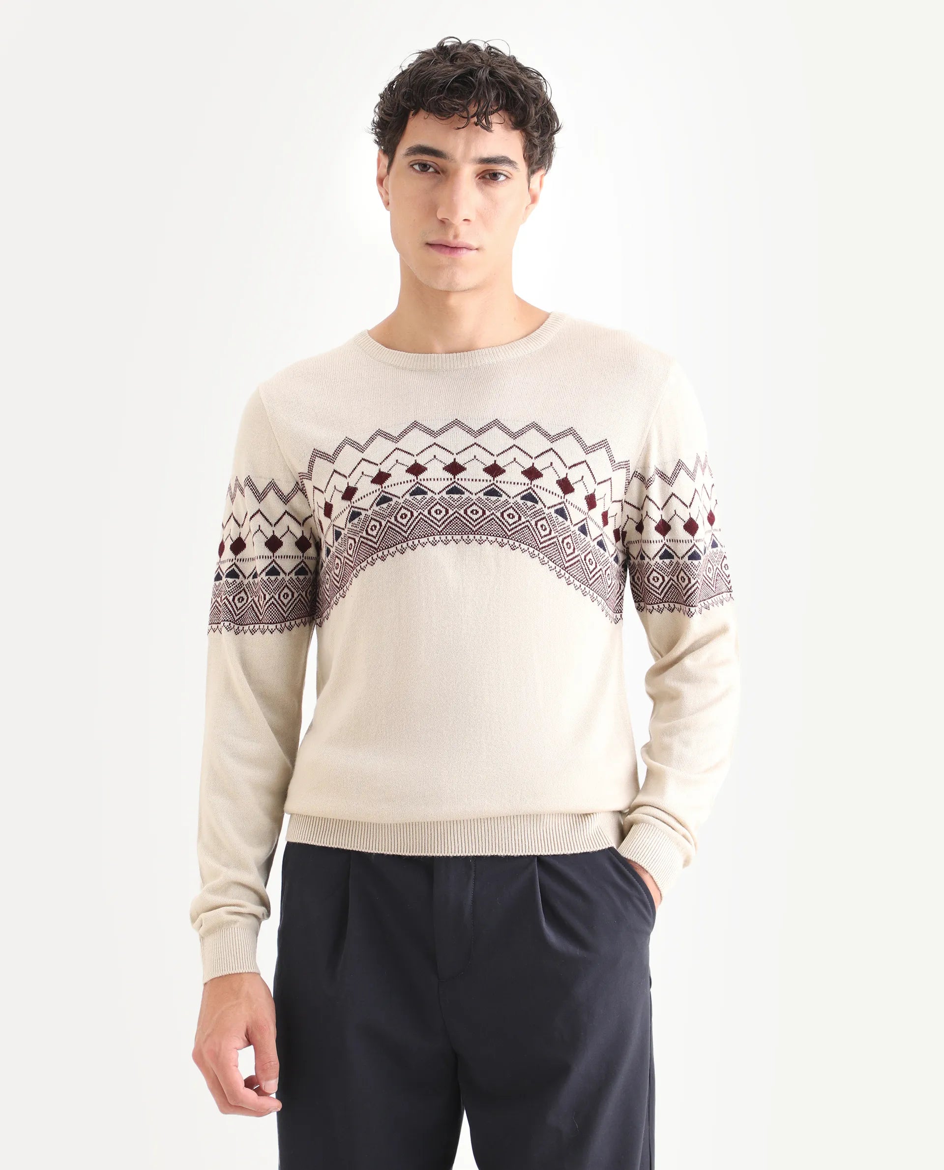 Rare Rabbit Men's Puzzle Off White Acrylic Abstract Print Relaxed Fit Full Sleeve Crew Neck Sweater