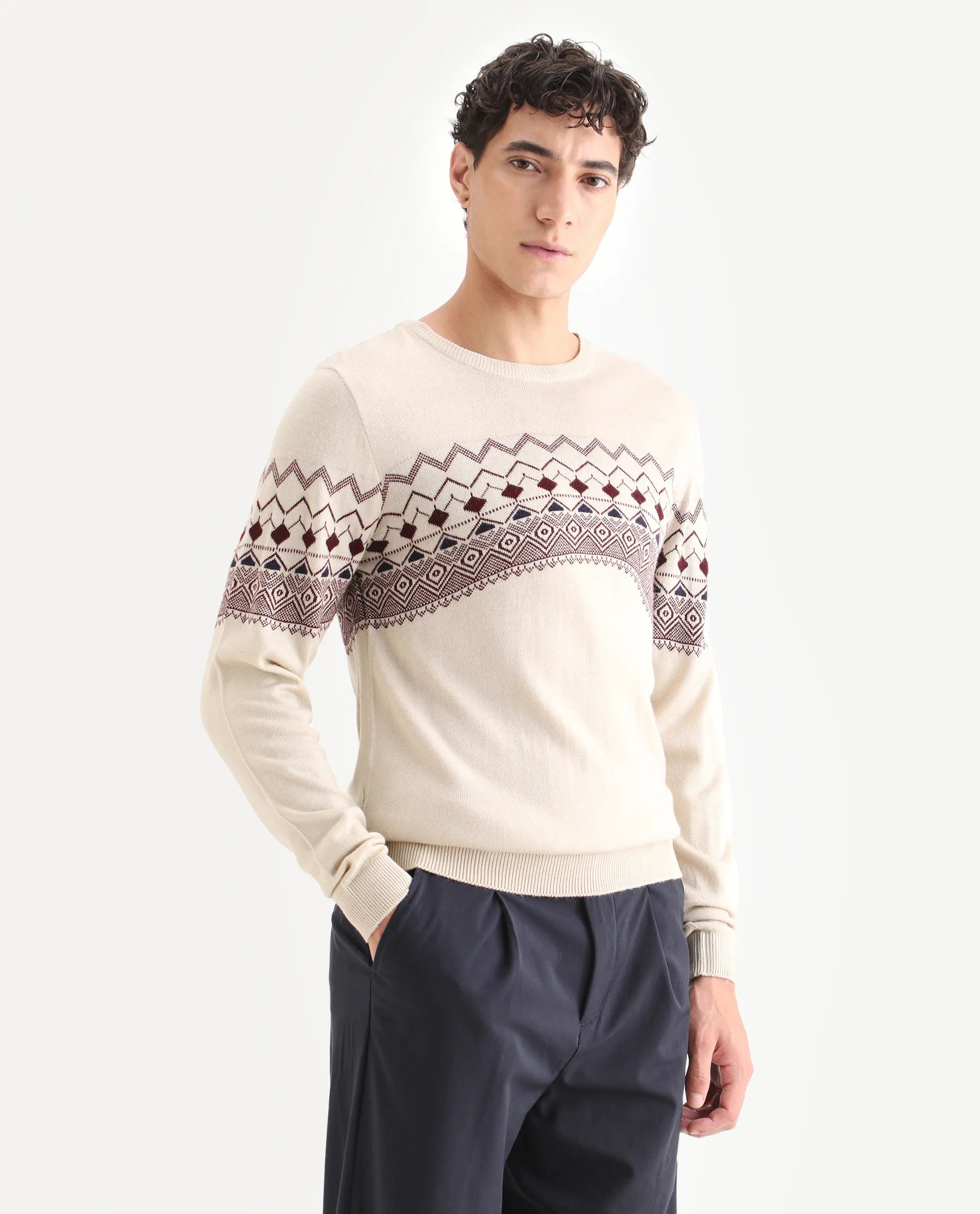 Rare Rabbit Men's Puzzle Off White Acrylic Abstract Print Relaxed Fit Full Sleeve Crew Neck Sweater