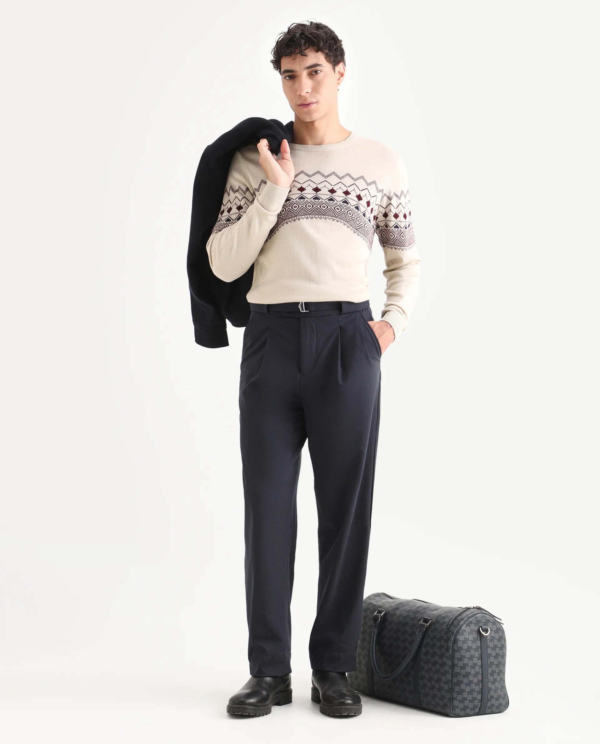 Rare Rabbit Men's Puzzle Off White Acrylic Abstract Print Relaxed Fit Full Sleeve Crew Neck Sweater