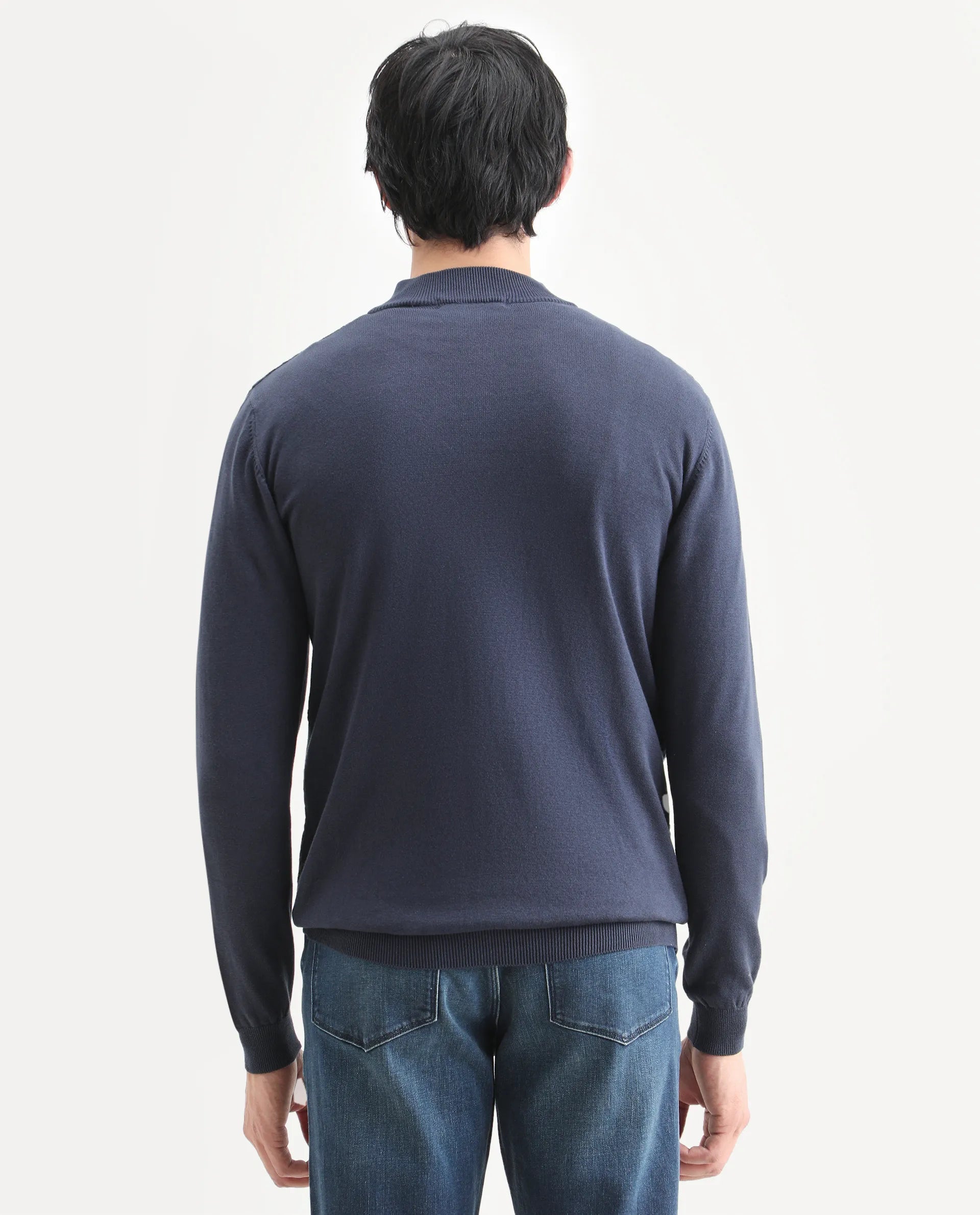 Rare Rabbit Men's Troyo Blue Cotton Textured Relaxed Fit Full Sleeve High Neck Sweater
