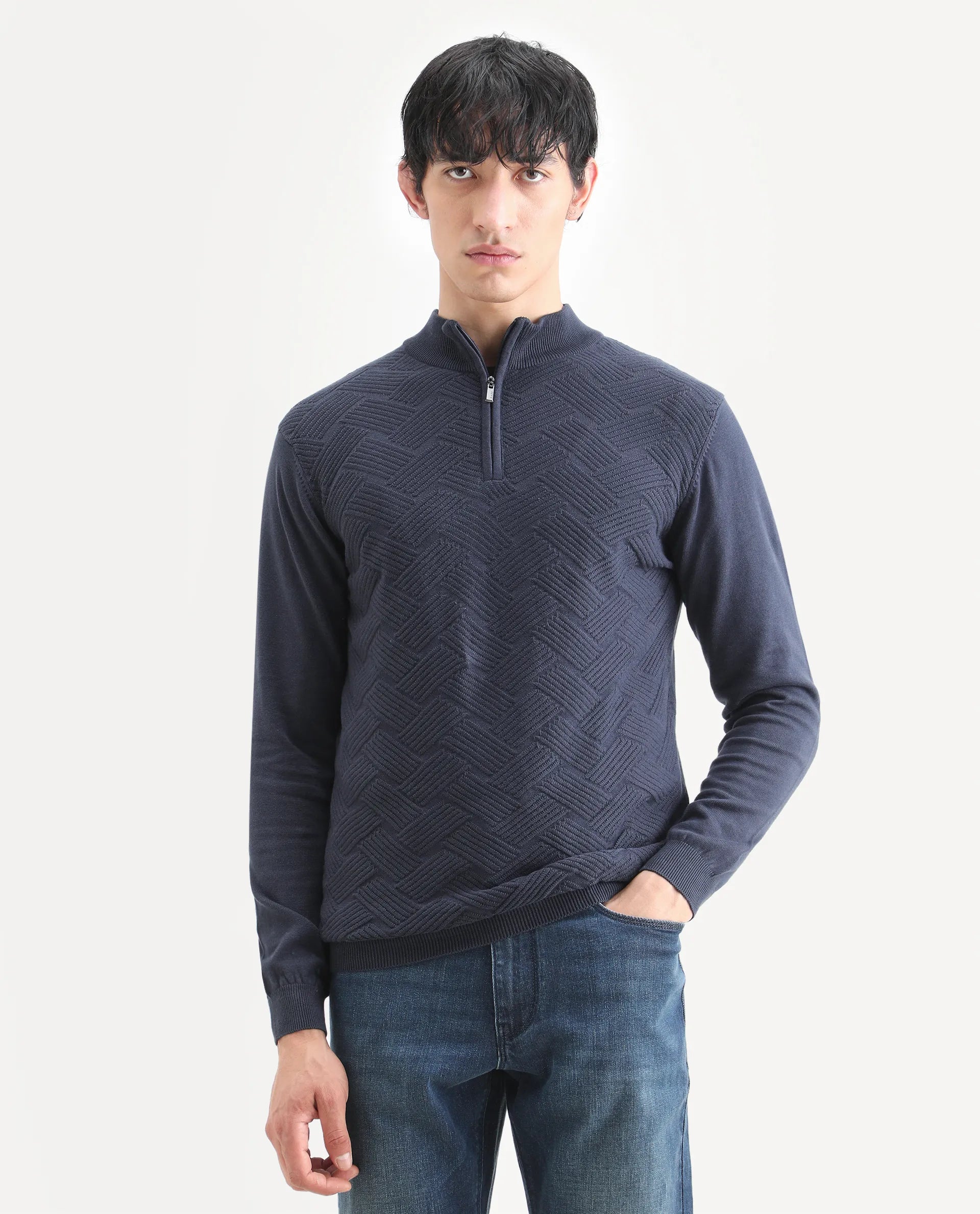 Rare Rabbit Men's Troyo Blue Cotton Textured Relaxed Fit Full Sleeve High Neck Sweater