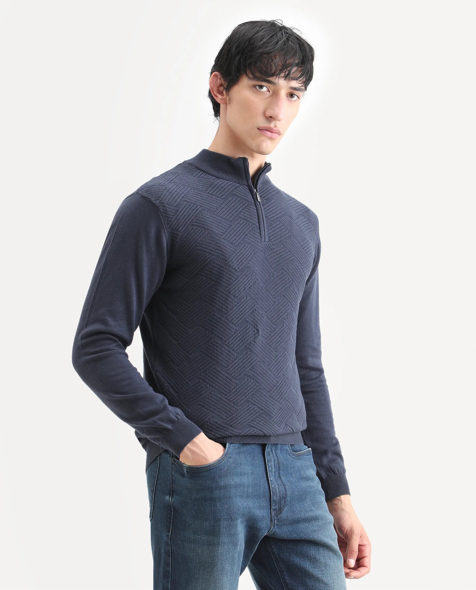 Rare Rabbit Men's Troyo Blue Cotton Textured Relaxed Fit Full Sleeve High Neck Sweater