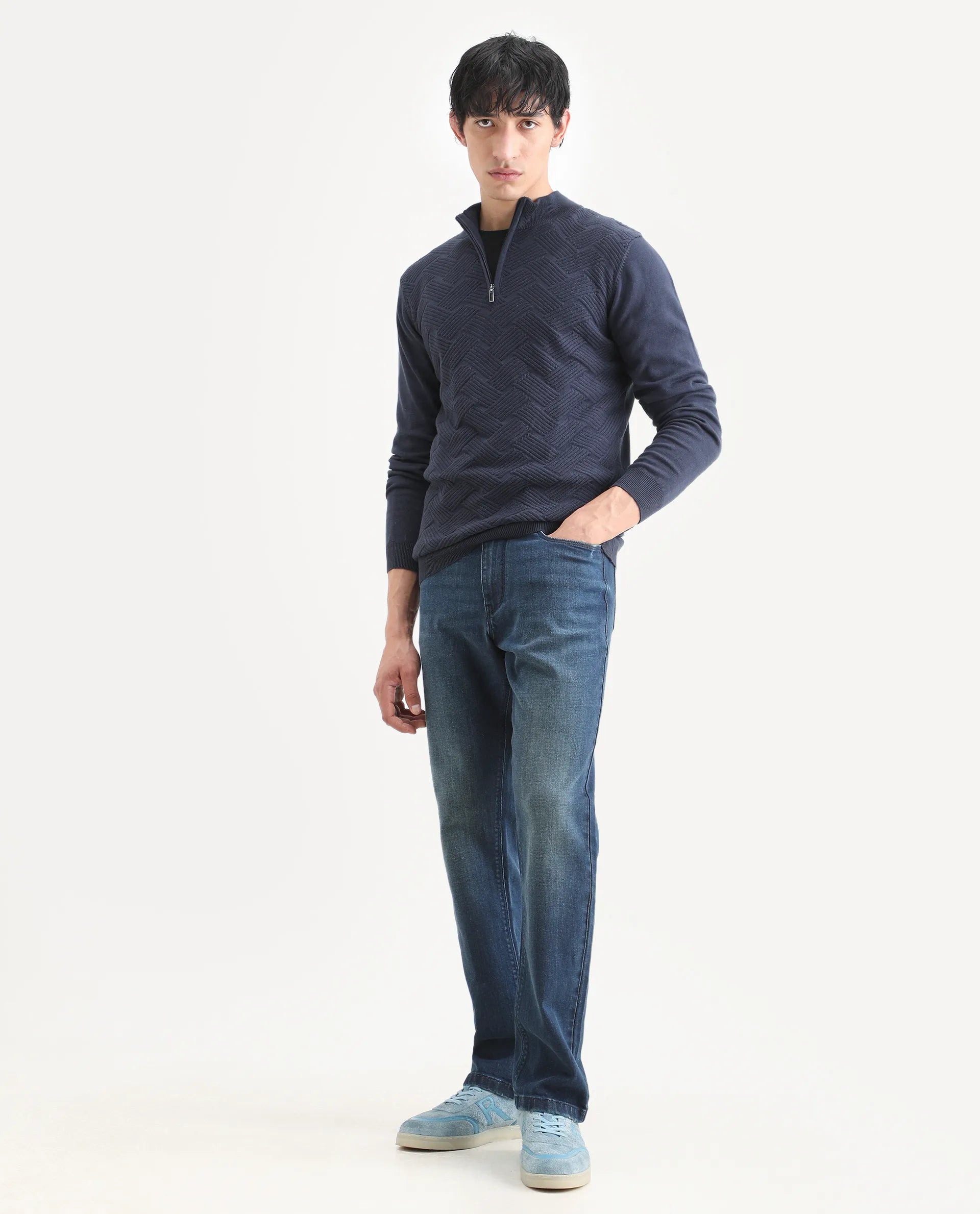 Rare Rabbit Men's Troyo Blue Cotton Textured Relaxed Fit Full Sleeve High Neck Sweater