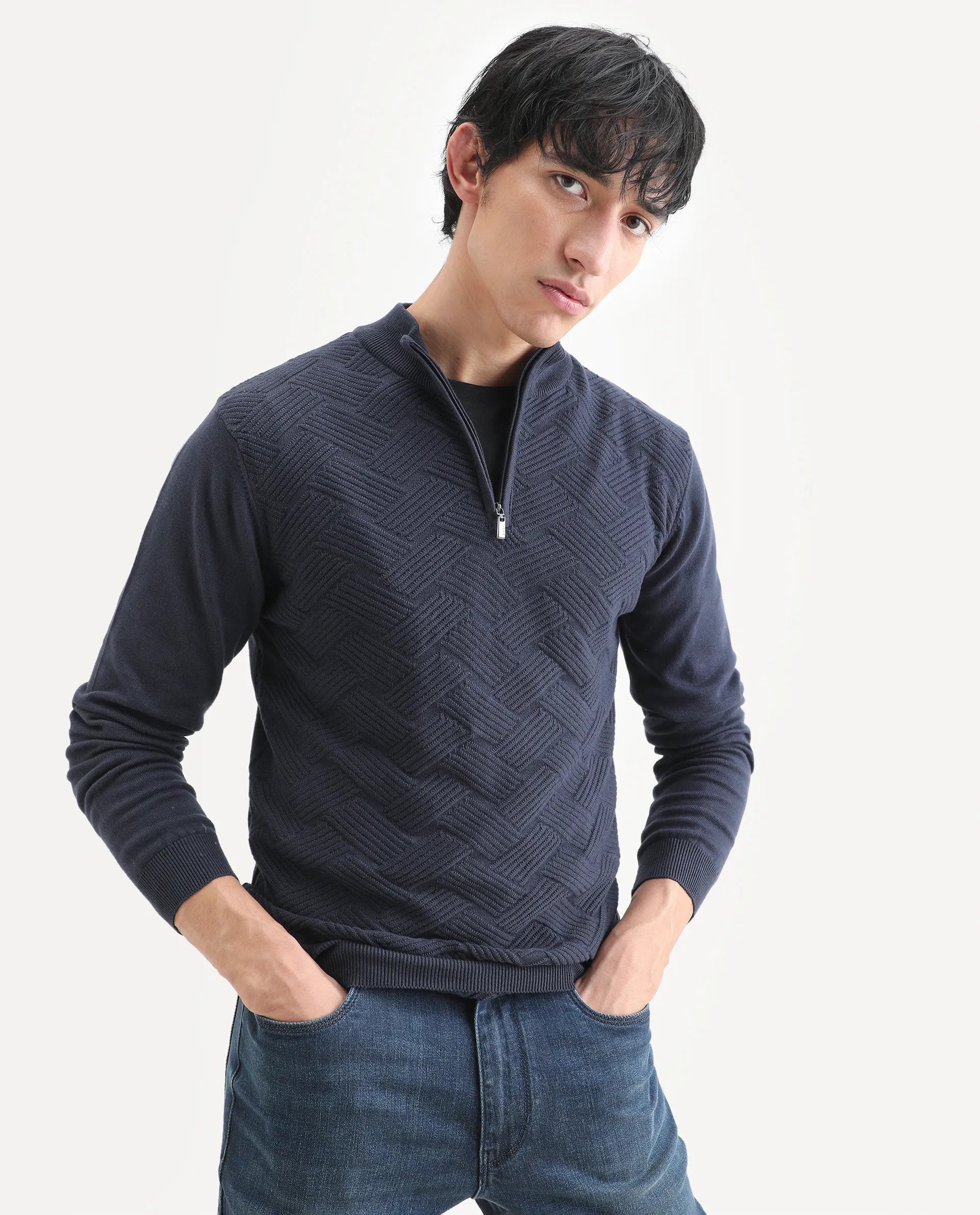 Rare Rabbit Men's Troyo Blue Cotton Textured Relaxed Fit Full Sleeve High Neck Sweater